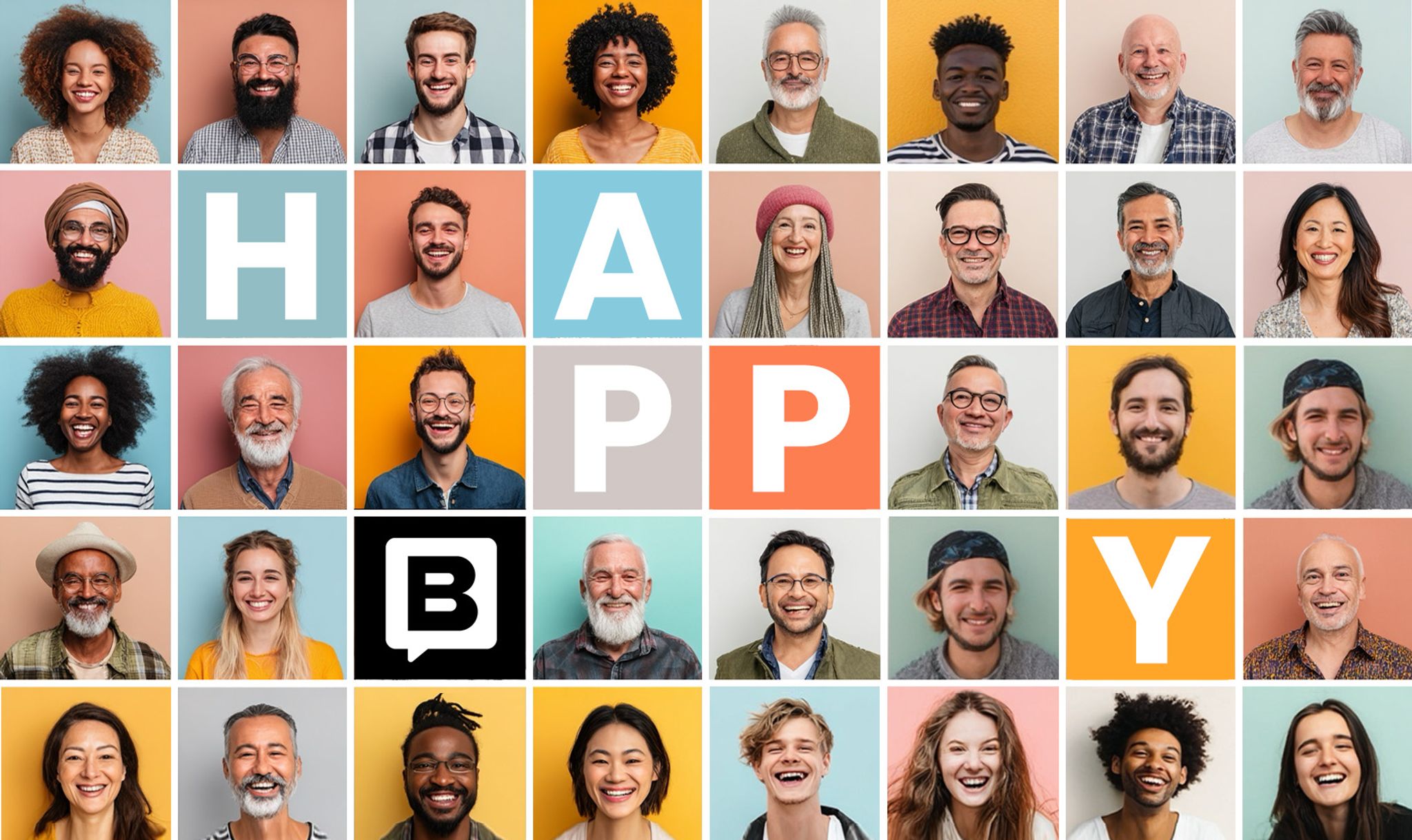 A grid of people with the word HAPPY and the Storyblok logo icon