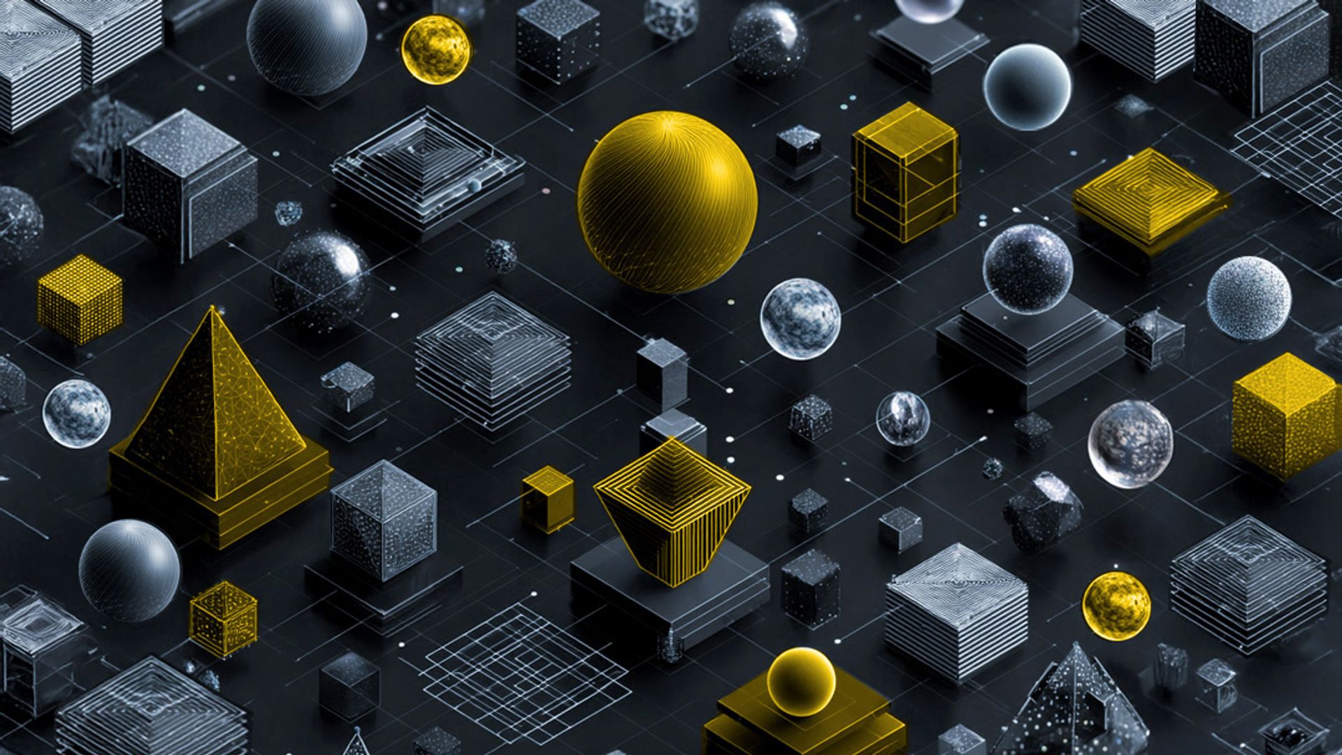 Geometric shapes against a black background at an isometric angle