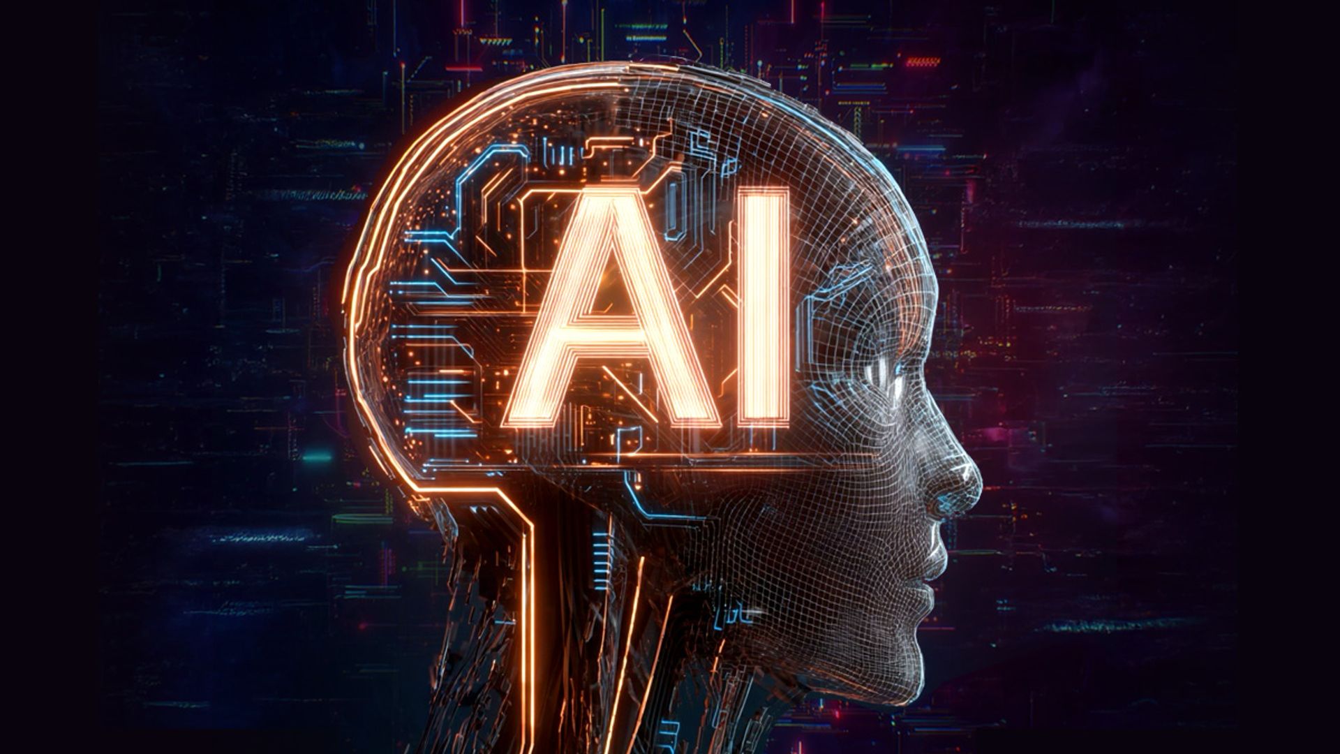 The letters "AI" in a digital robot's brain