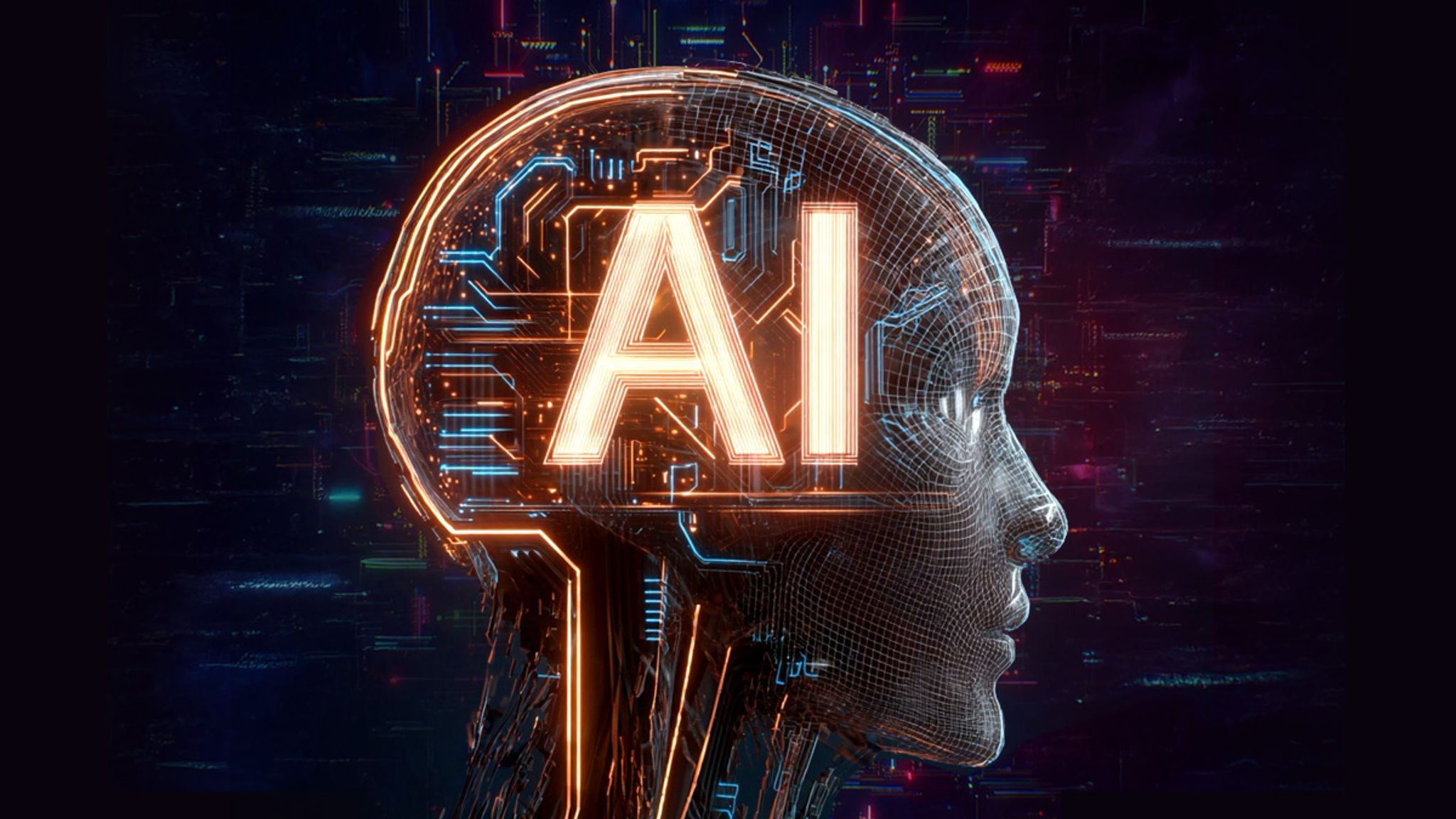 The letters "AI" in a digital robot's brain