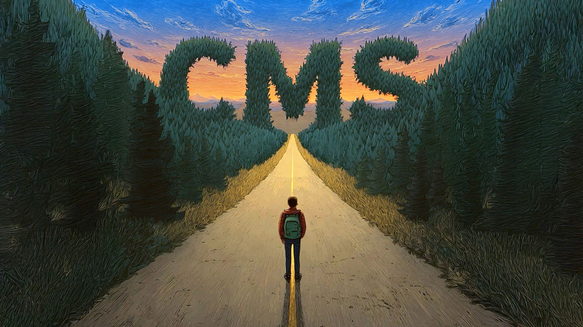 A man standing in the road that leads into a forest. In the distance, the letters "CMS" pop up from the trees.