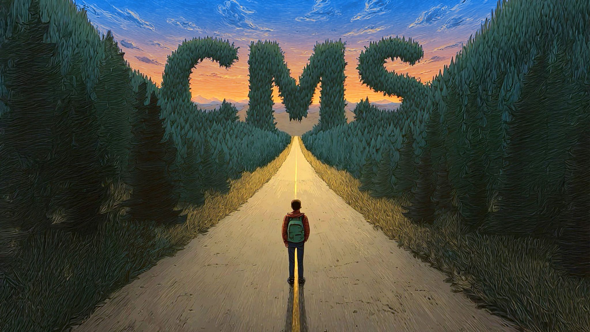 A man standing in the road that leads into a forest. In the distance, the letters "CMS" pop up from the trees.