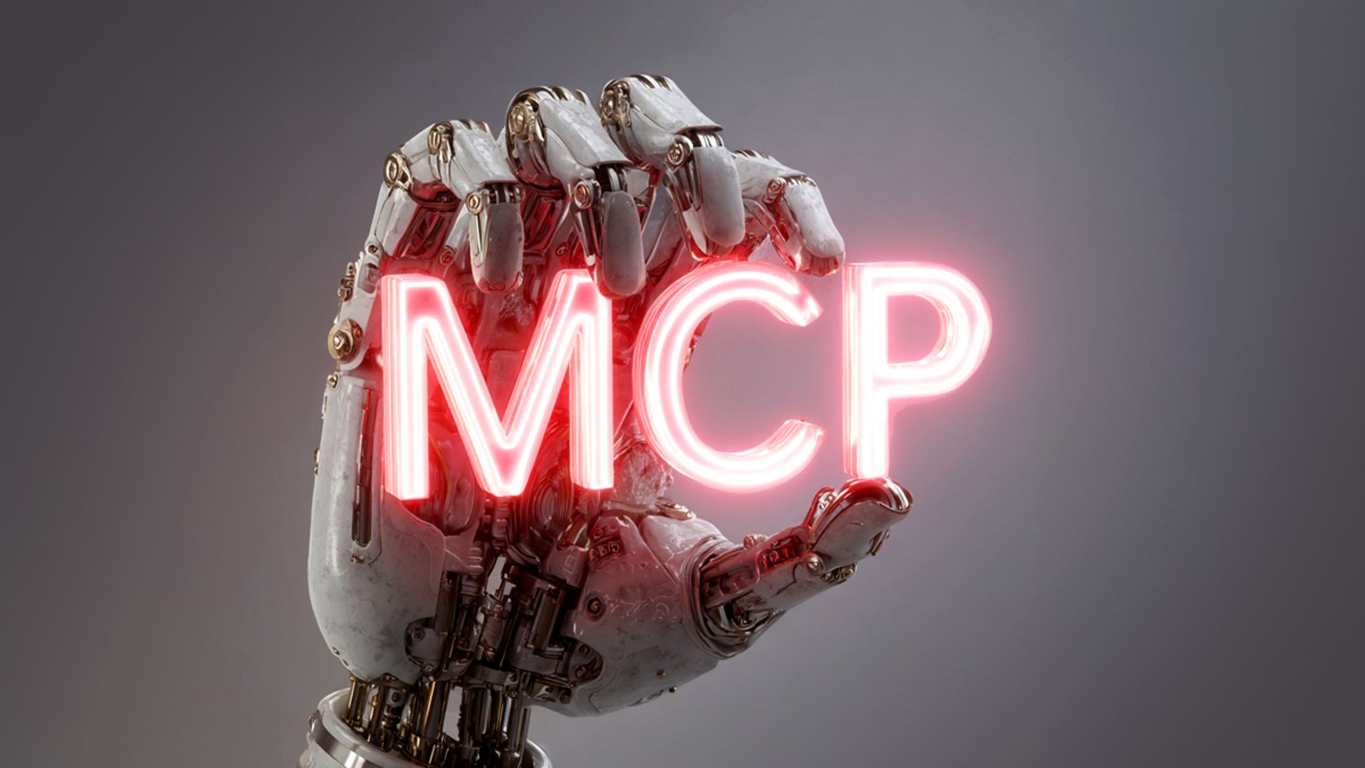 A robot's hand holding the neon letters "MCP"