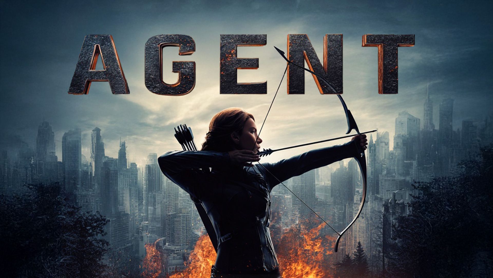A woman with a bow and arrow against a forest on fire with a destroyed city skyline, and the word "AGENT" hanging above in the sky