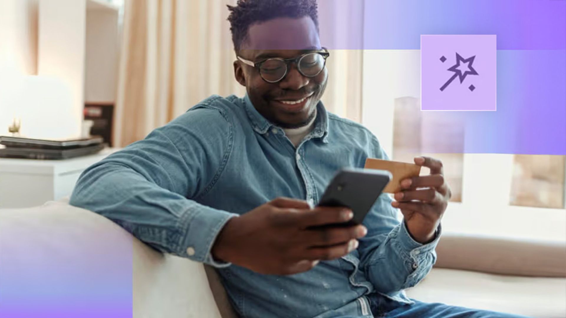 A man on his smartphone holding a credit card with an AI agent icon in the upper right corner.