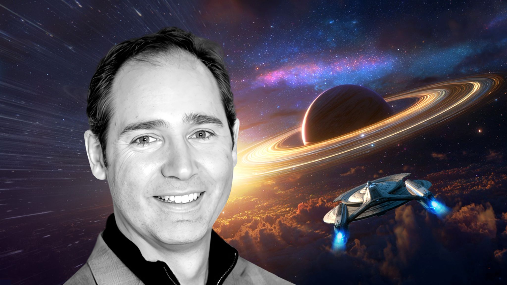 Joel Varty headshot against a space background with a planet with rings, and a spaceshot flying towards it.