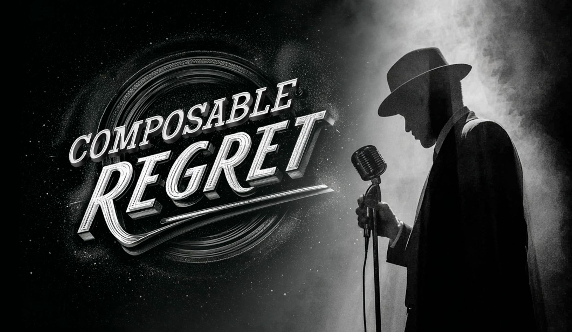 A Frank Sinatra-type singer on a stage with a microphone, and text that reads "COMPOSABLE REGRET"