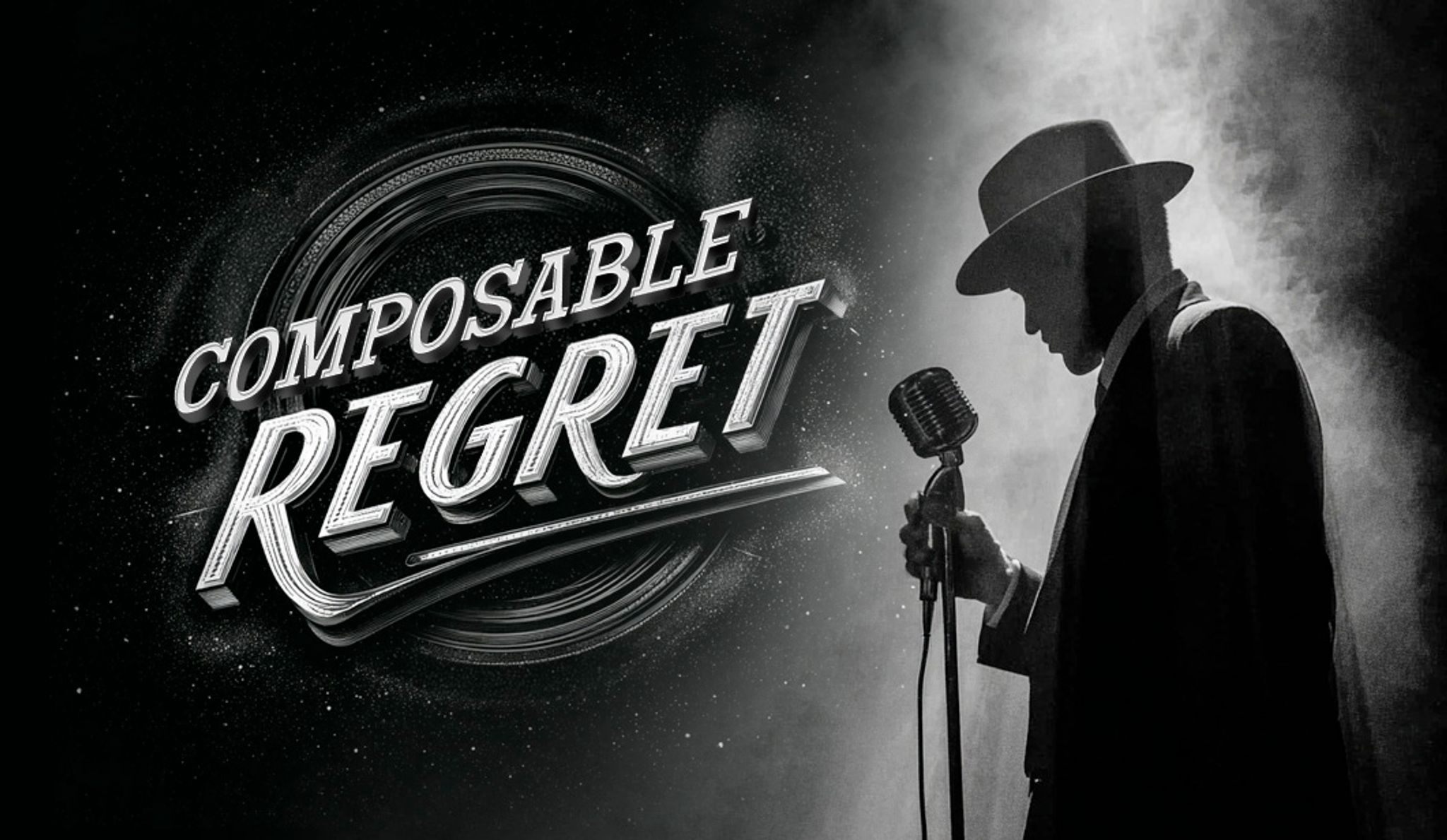 A Frank Sinatra-type singer on a stage with a microphone, and text that reads "COMPOSABLE REGRET"