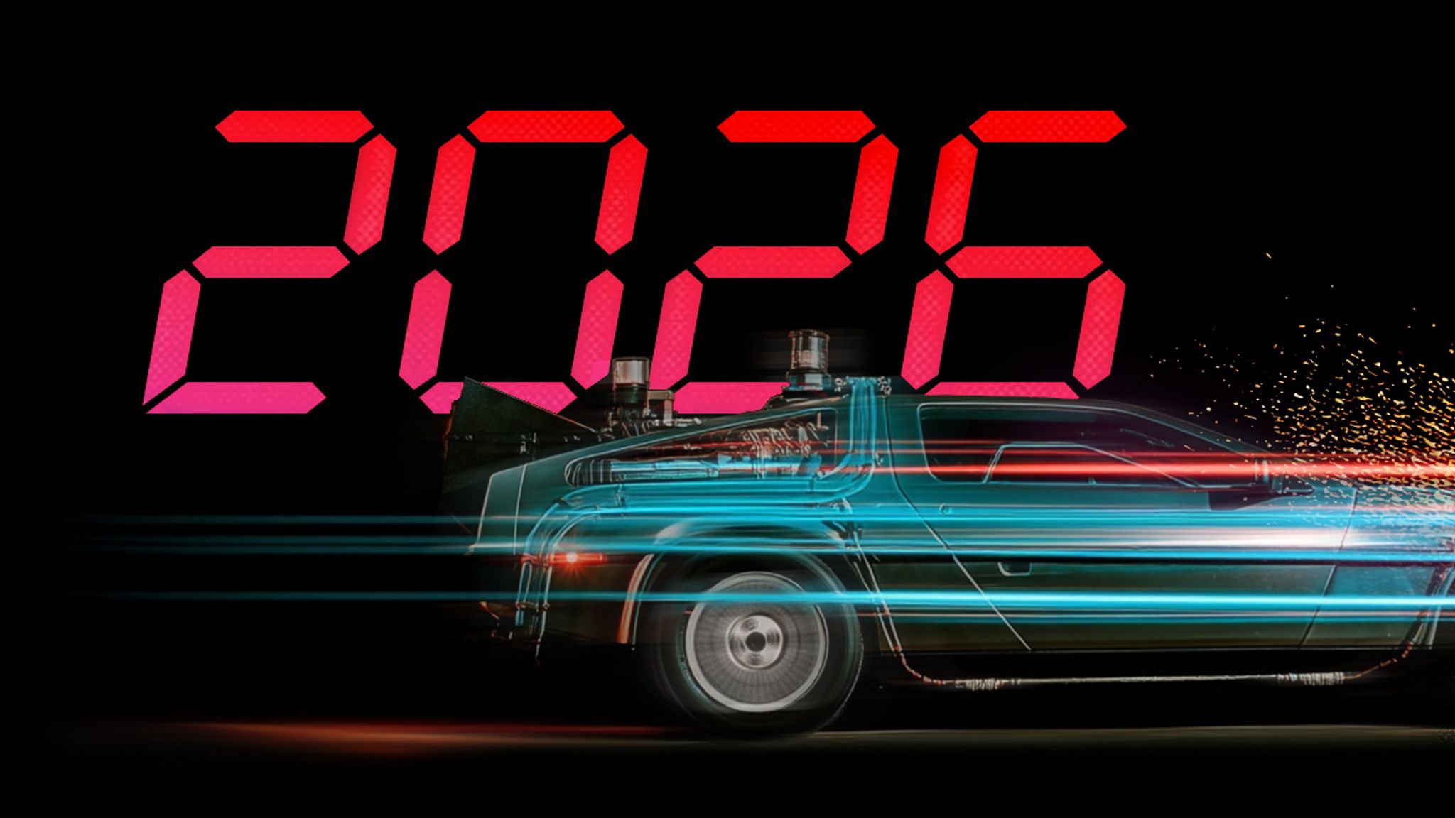 A car speeding in front of the numbers 2026 in LED display style