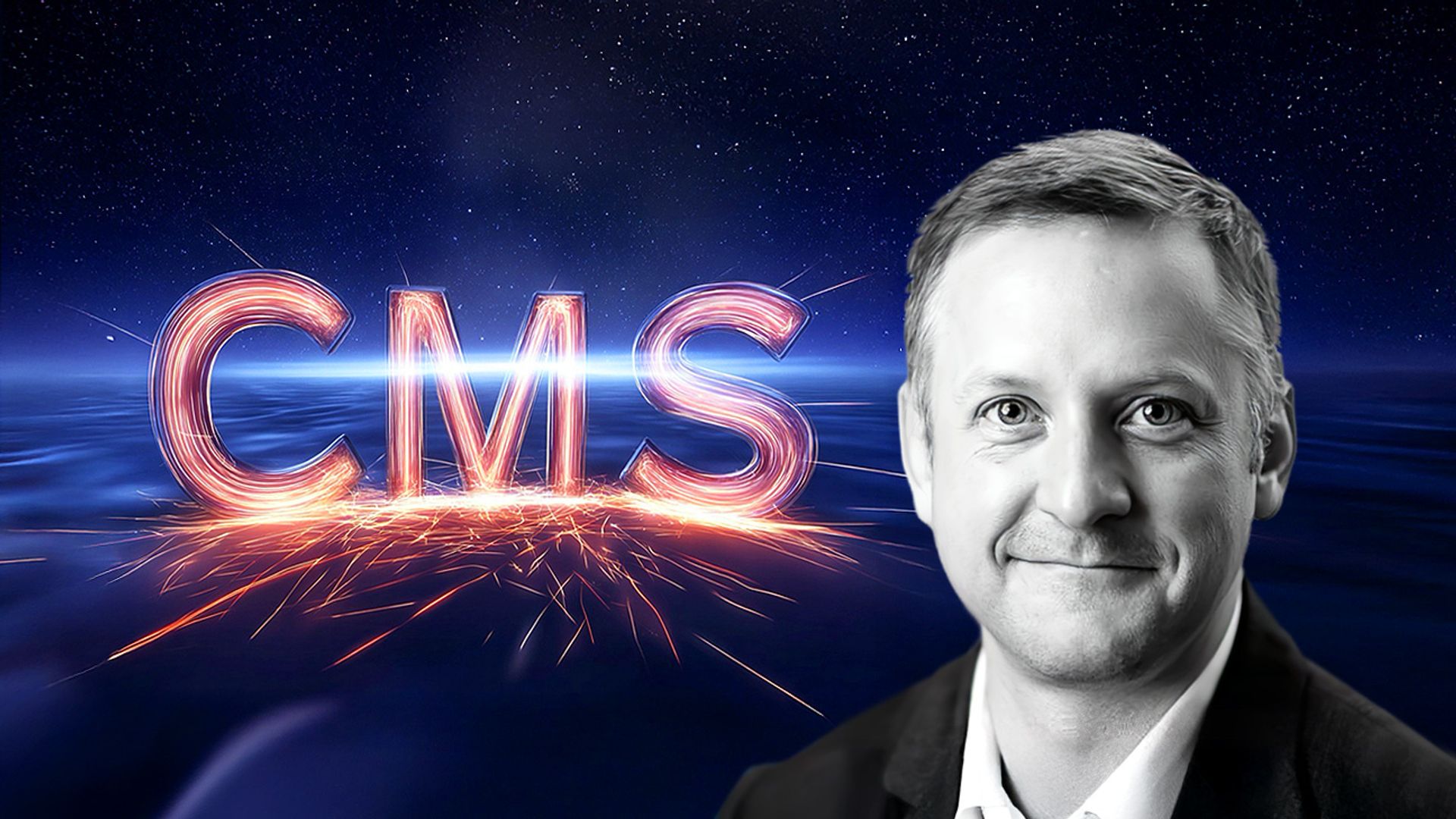 CMS text created with lighting effects, and a headshot of Mark Demeny