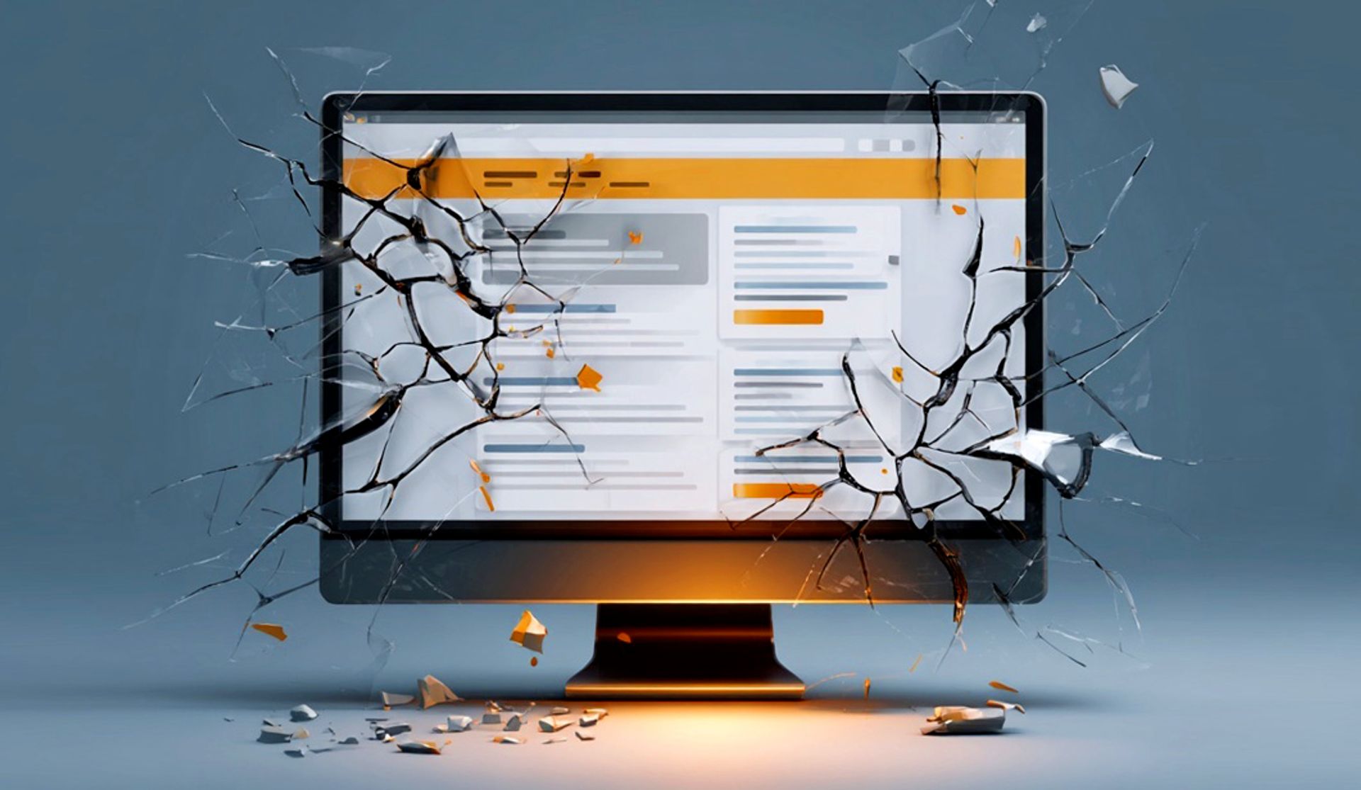 An illustration of a computer with a website on the monitor. The computer is cracking and crumbling, as it breaking apart. 