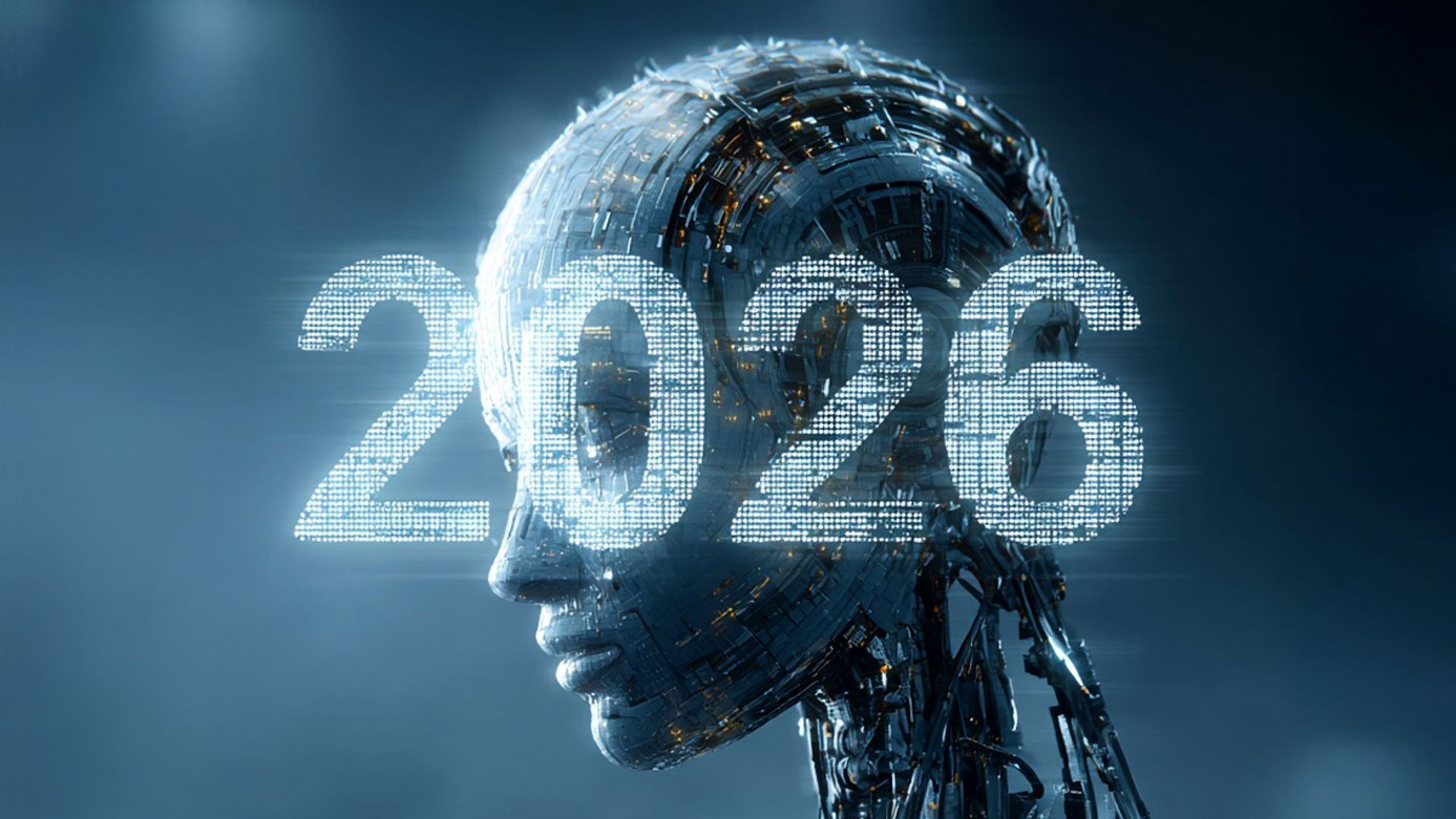 An android head with the text "2026" overlaying it.