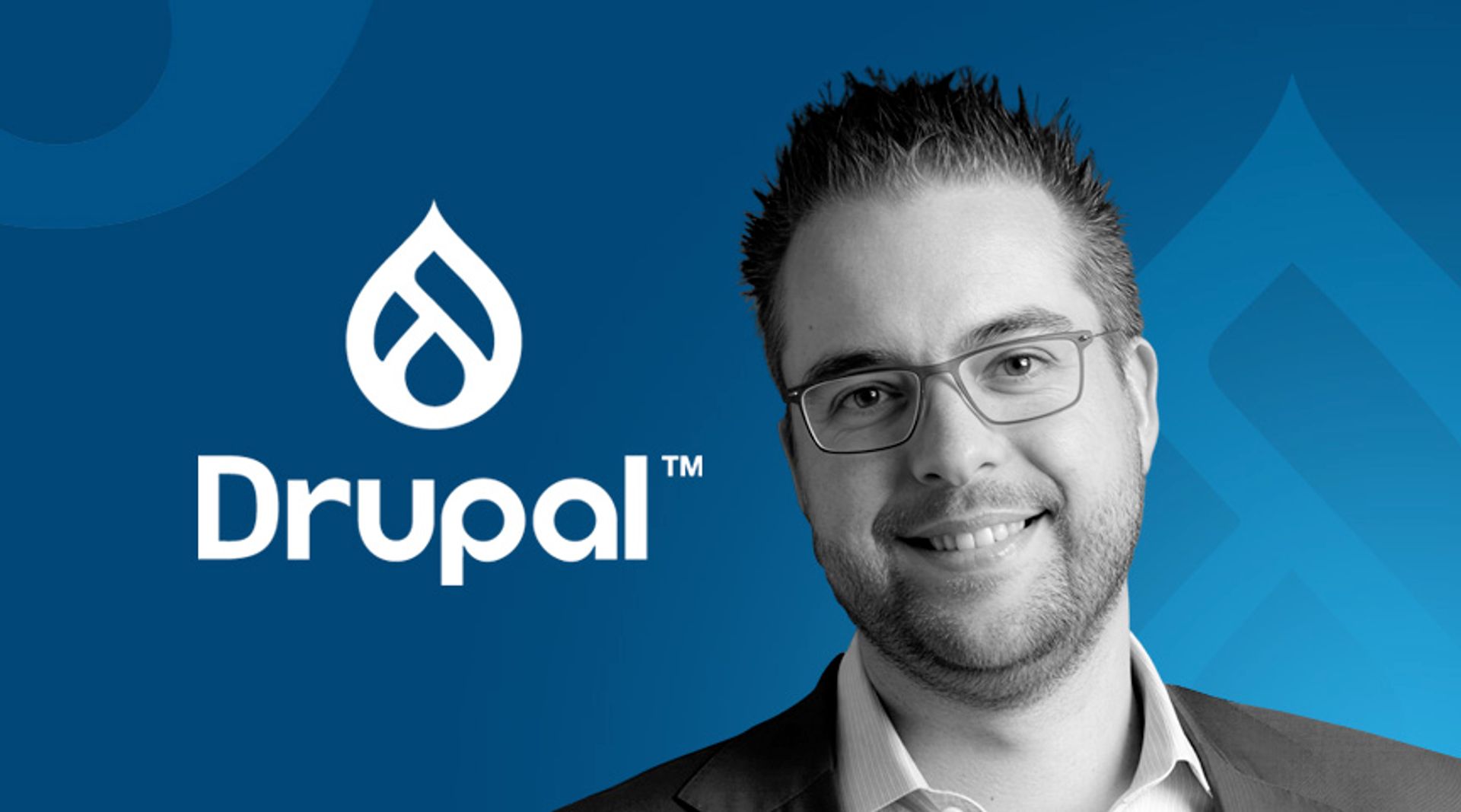 Dries Buytaert headshot and Drupal logo