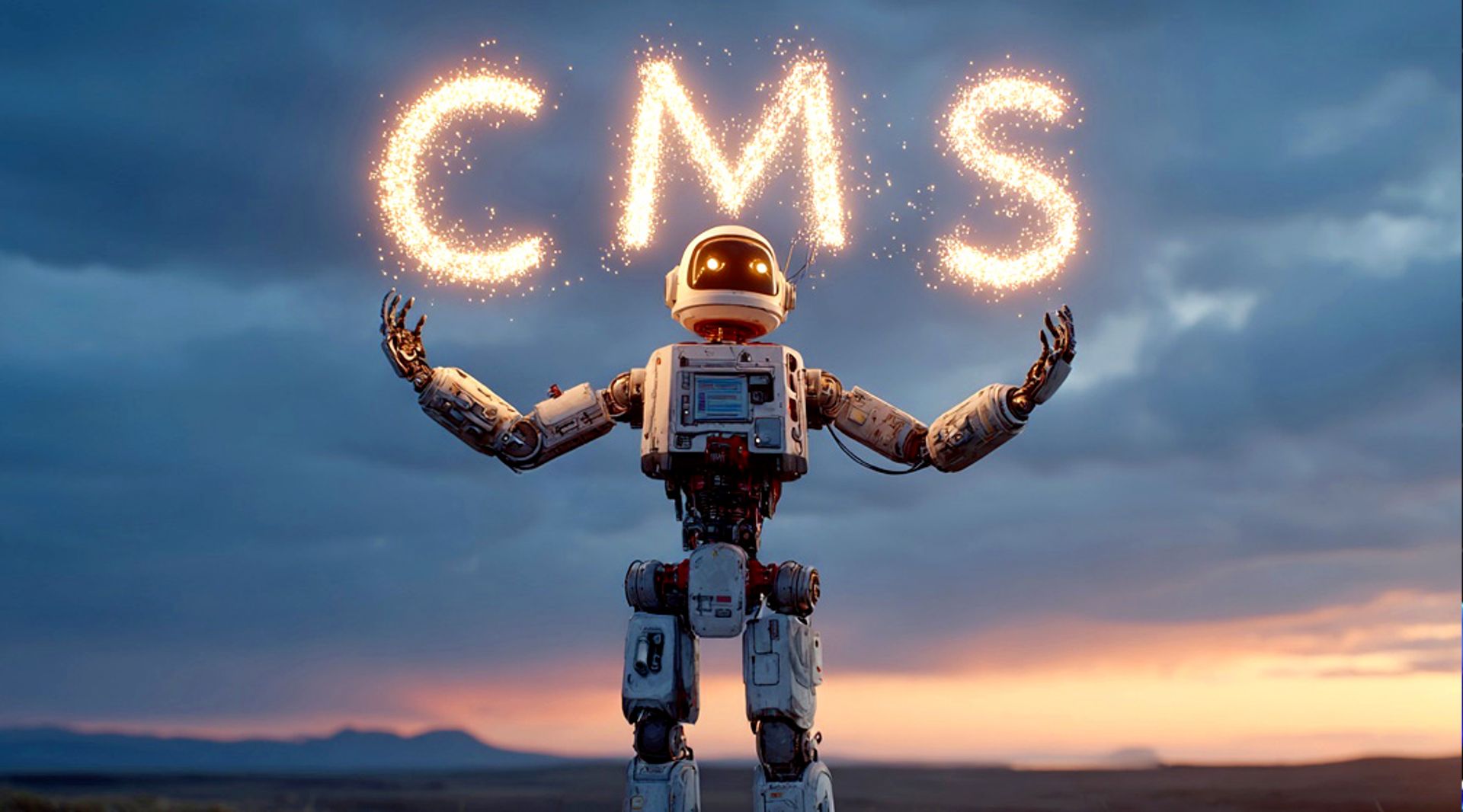 An android standing under the glowing letters "CMS" against a landscape at dusk.