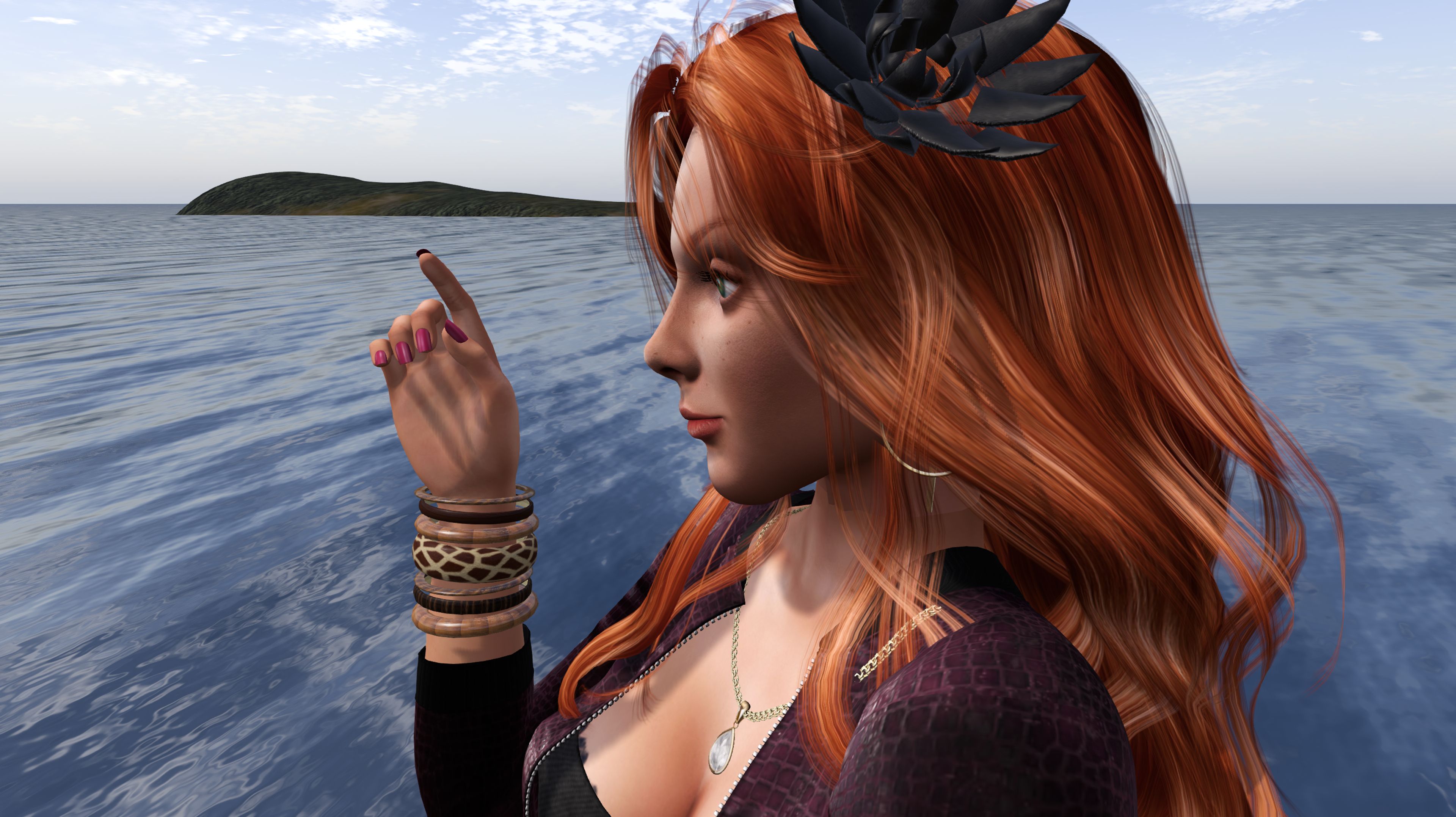 Gwyn raising her finger in front of a vast dam reservoir