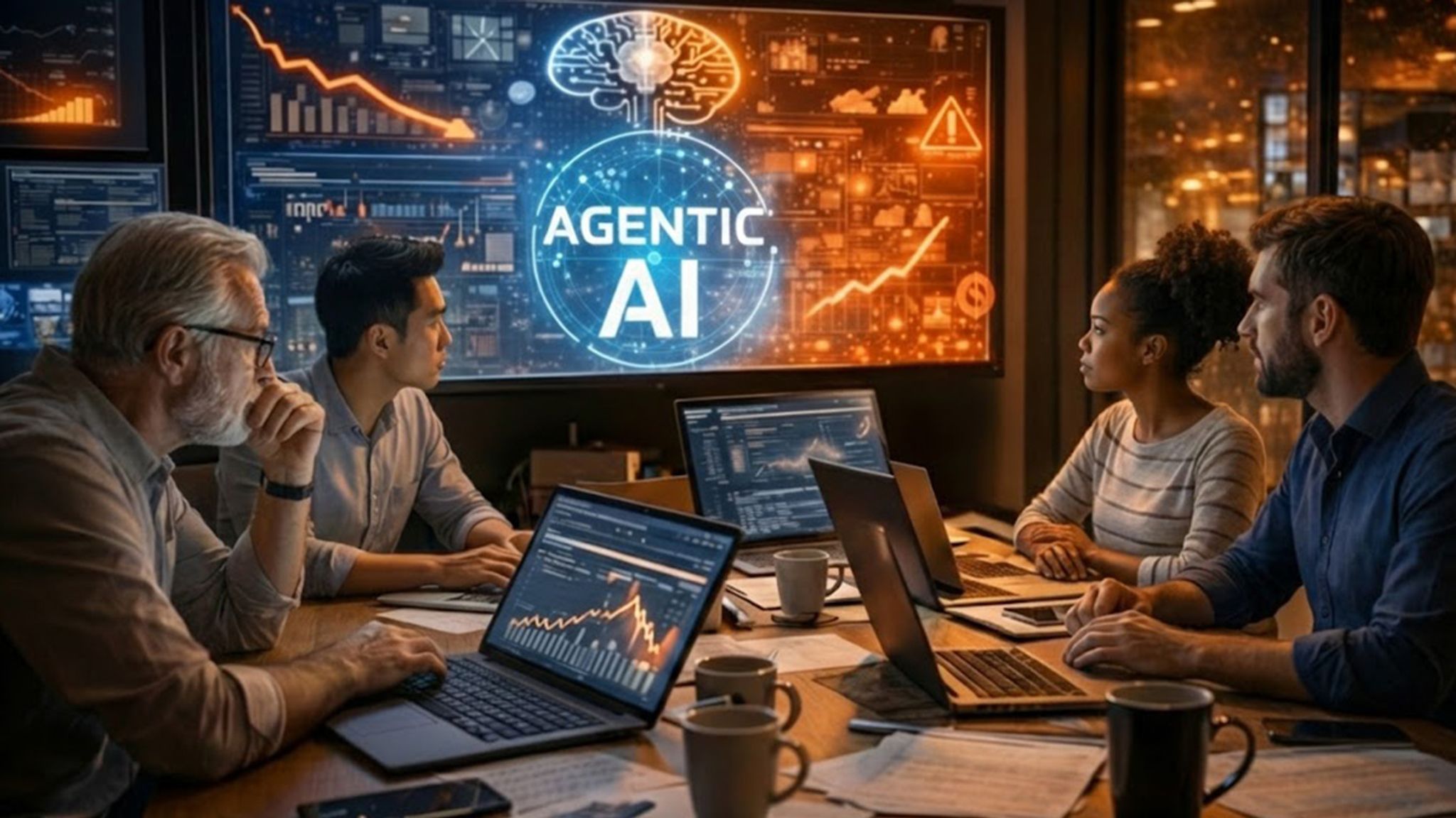 A group of people looking at a screen that says "AGENTIC AI"