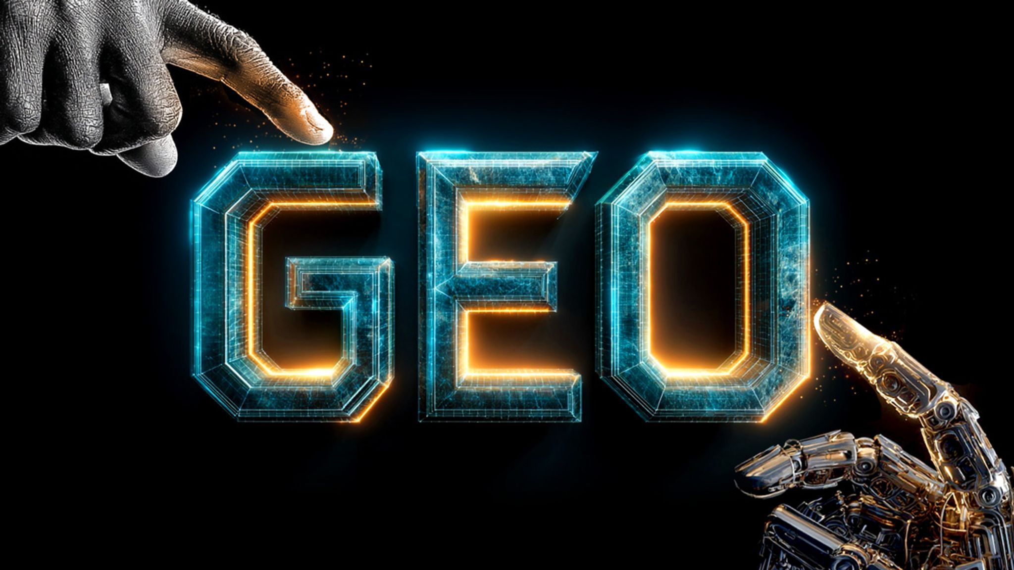 The letters "GEO" as a glowing, high-tech element against a black background. On the left, a human hand is reaching out to touch it. On the right, a robot's hand is doing the same. 