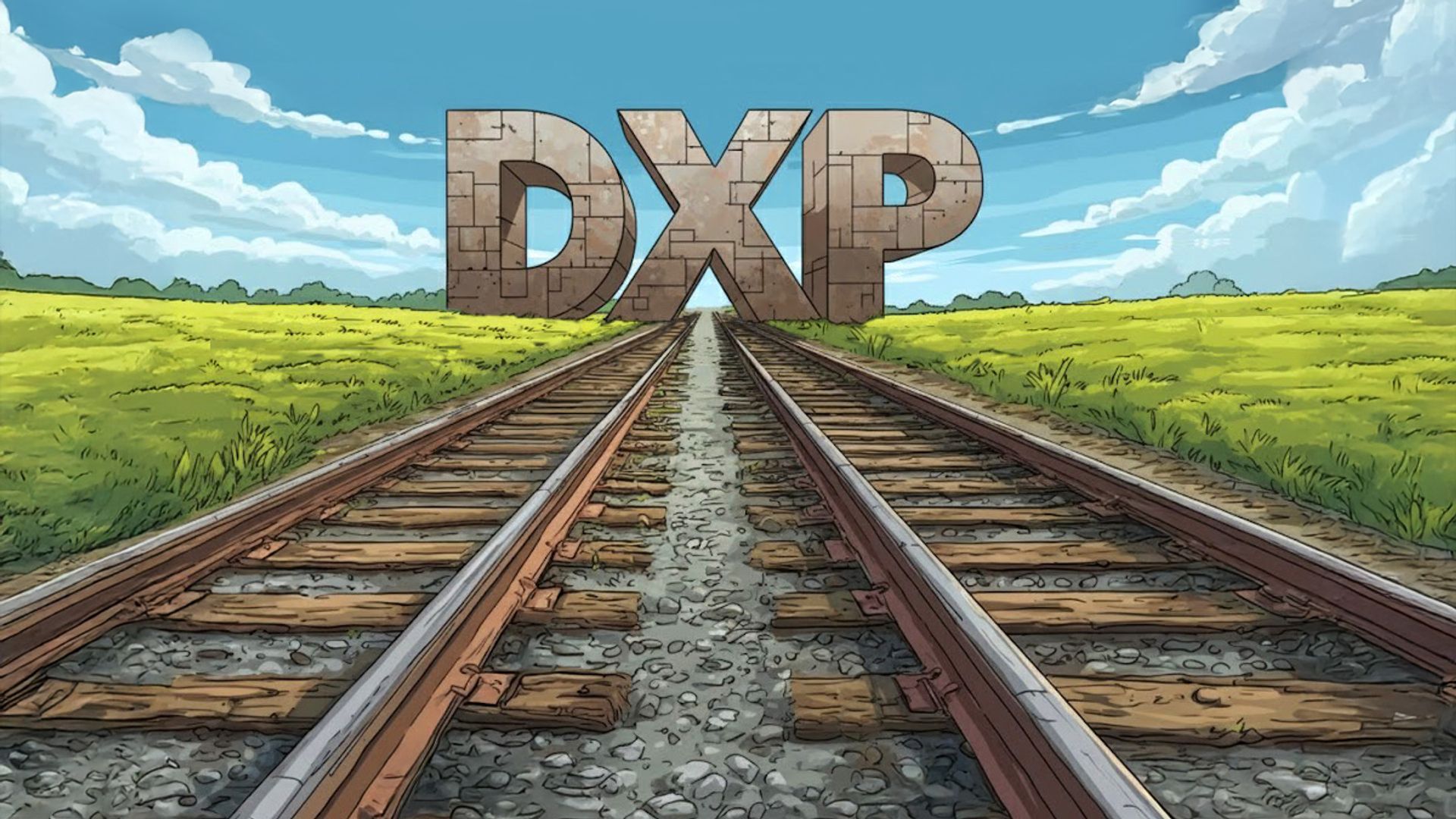 An illustration of two sets of train tracks running side by side towards the horizon, and converging through big letters "DXP" that appear in the distance. The tracks run under the letter "X" in "DXP."