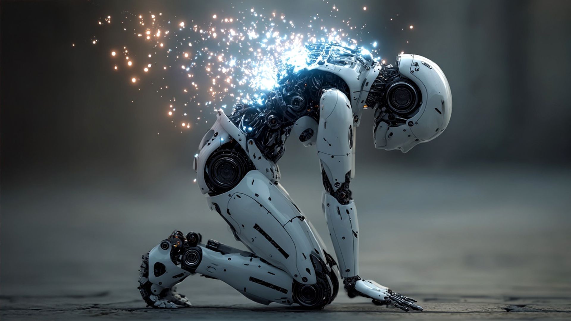 An android falling over to its knees, with sparks of fire coming from the electronic circuits on its back.