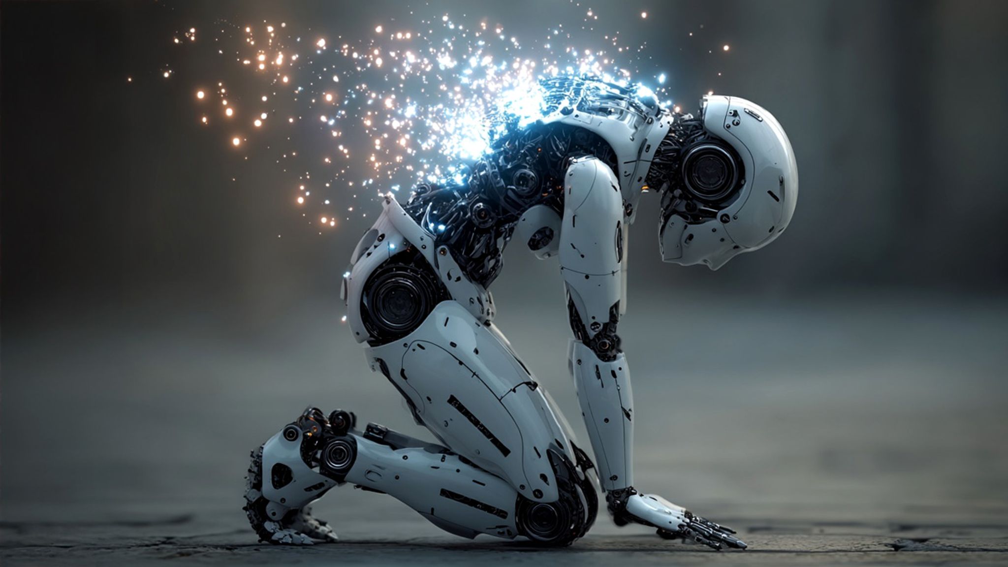 An android falling over to its knees, with sparks of fire coming from the electronic circuits on its back.