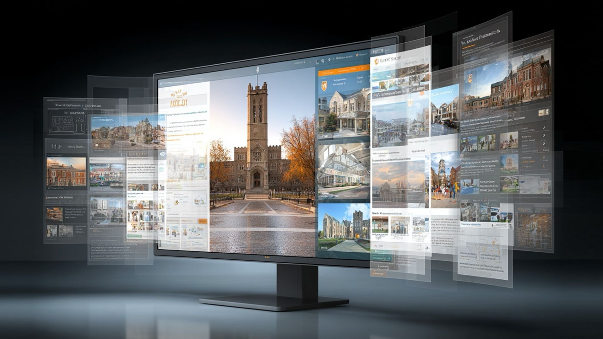 A computer screen with a mishmash of university websites extruding off of it.