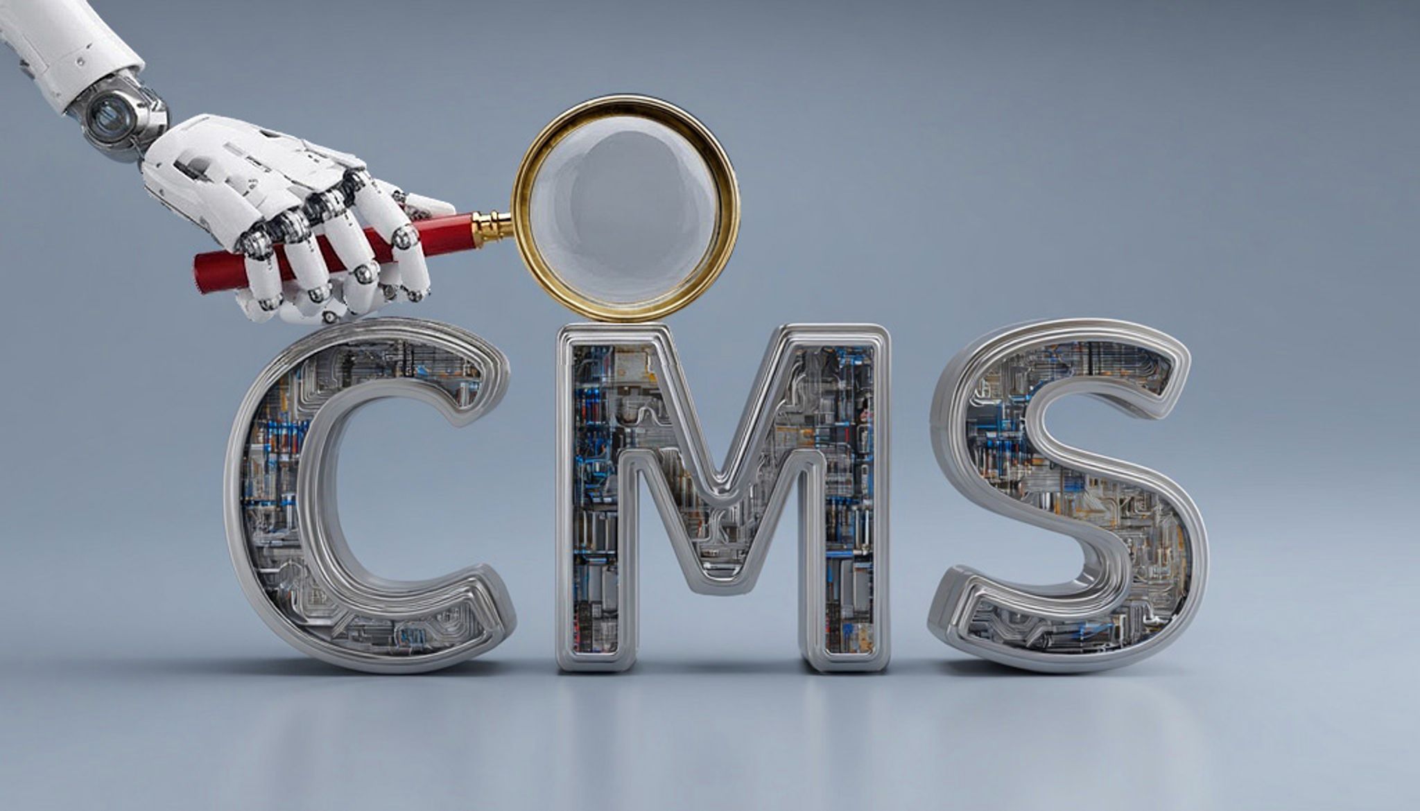 A robotic hand holding a magnifying glass, resting on top of the letters "CMS"