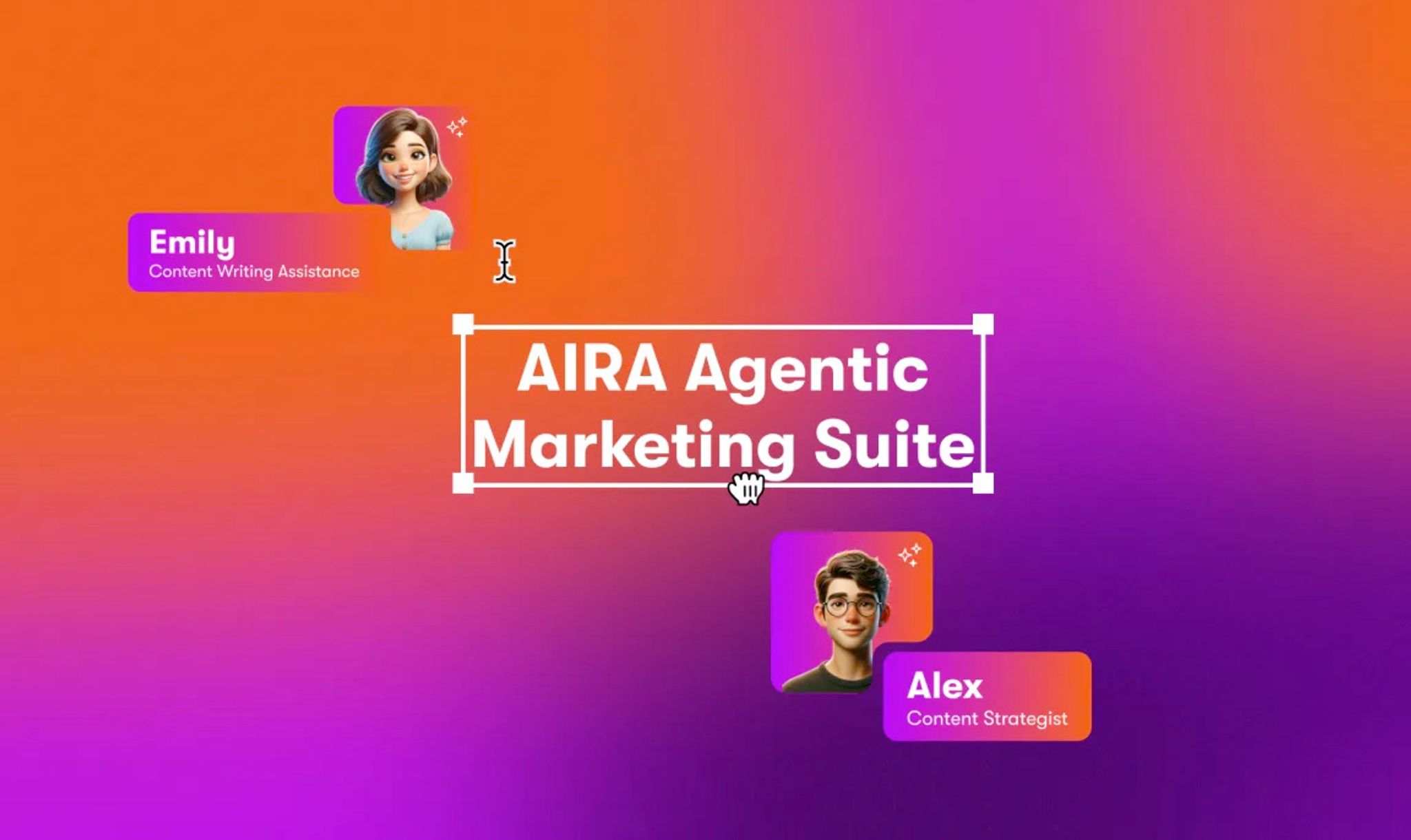 AIRA Agentic Marketing Suite - graphics of cartoon people asking an AI questions in prompts