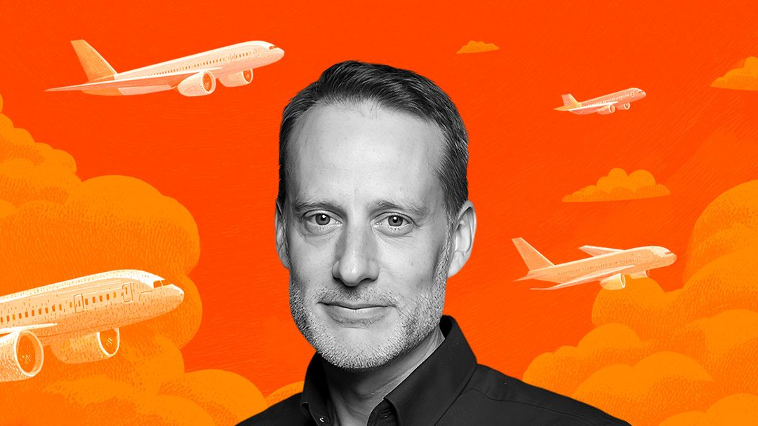 Paul Curtis headshot against a cartoon illustration of planes flying in an orange sky