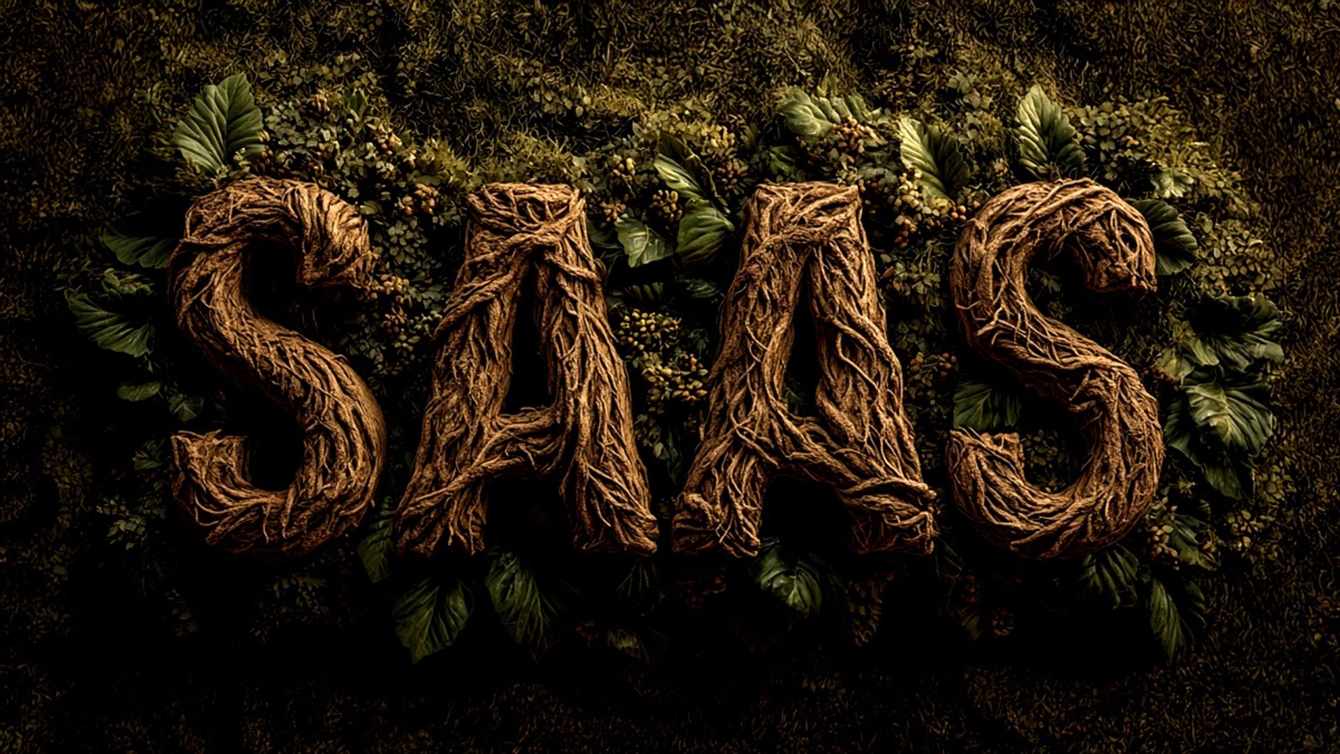 The letters "SAAS" created from roots on a grassy field.