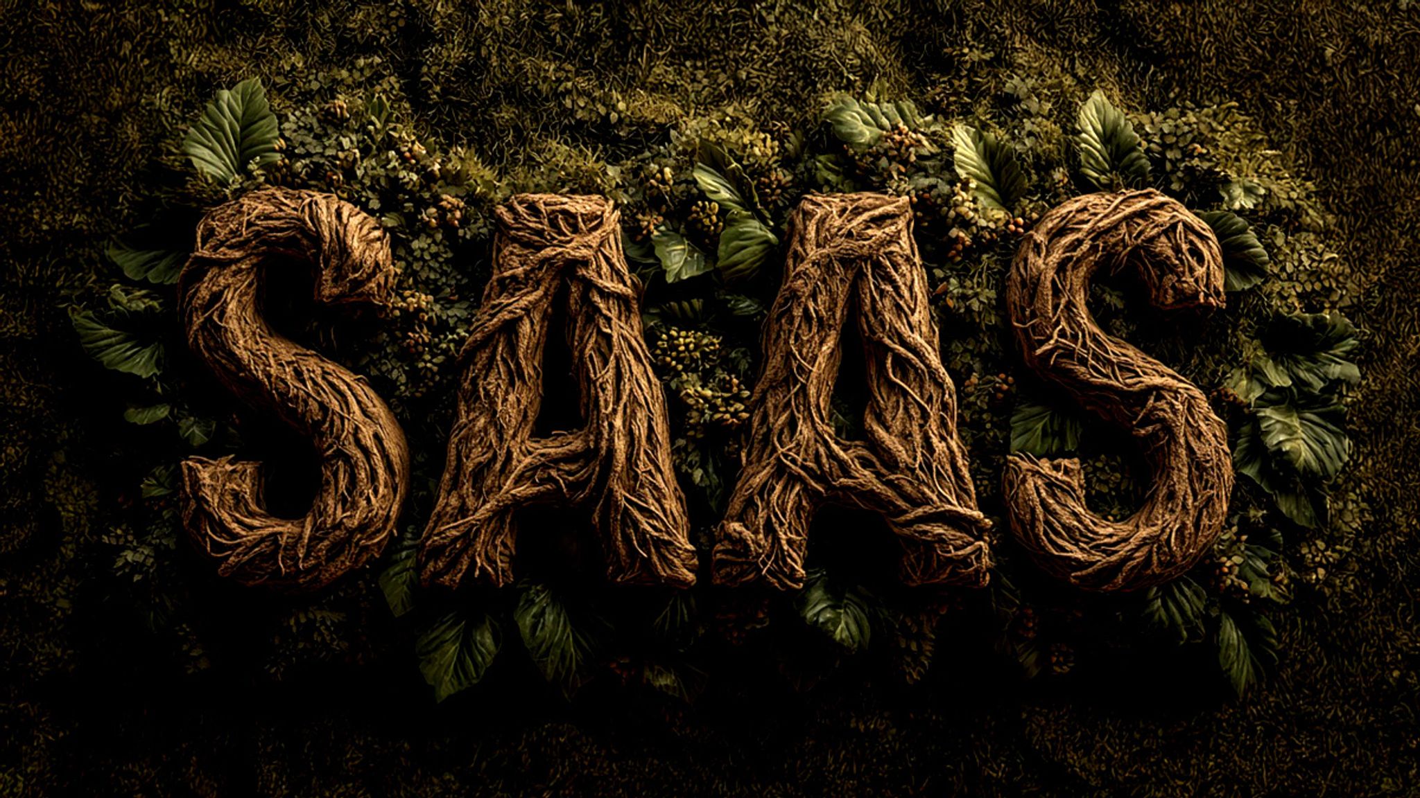The letters "SAAS" created from roots on a grassy field.