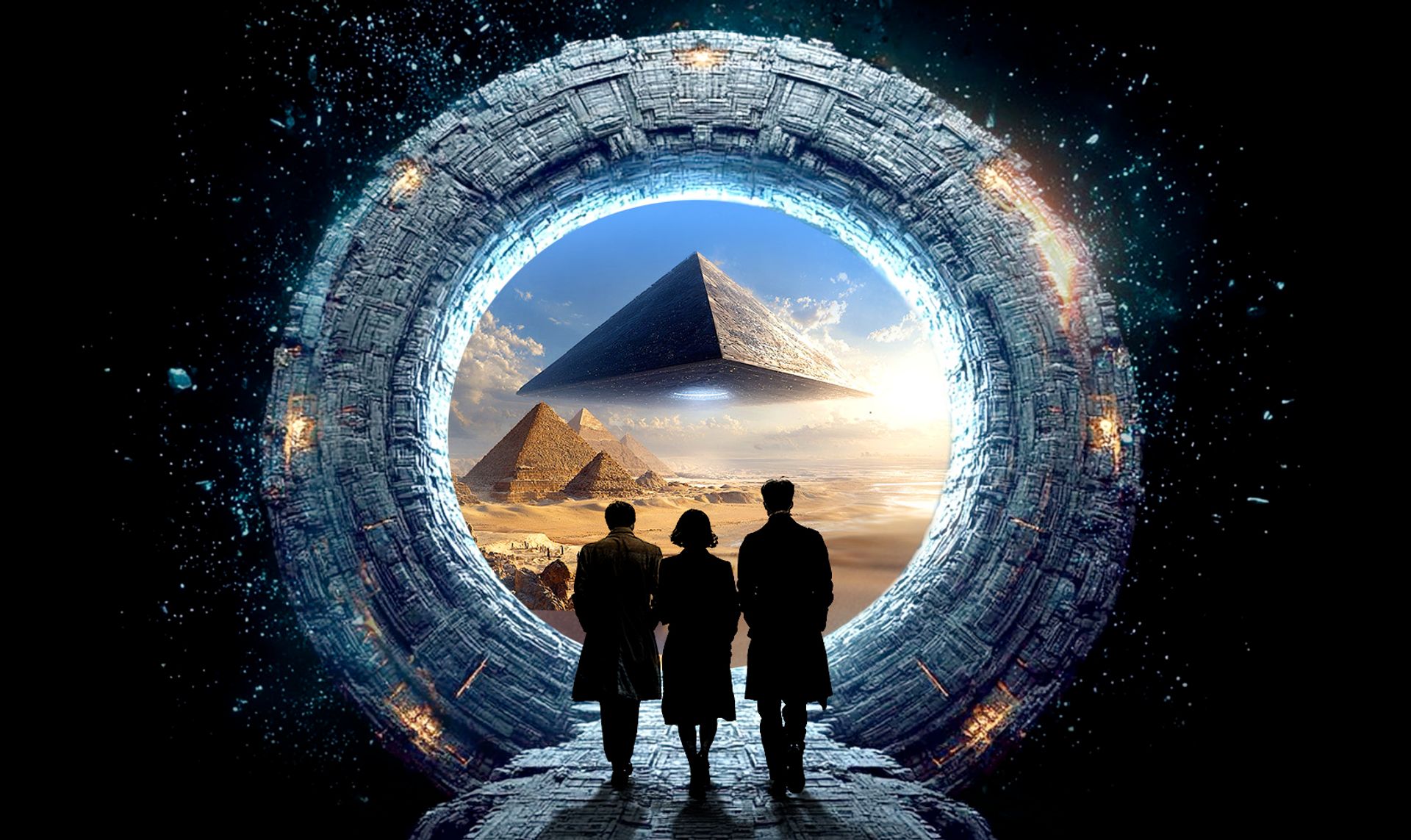 A circular portal leading into a desert with a pyramid-shaped spaceship hovering overhead