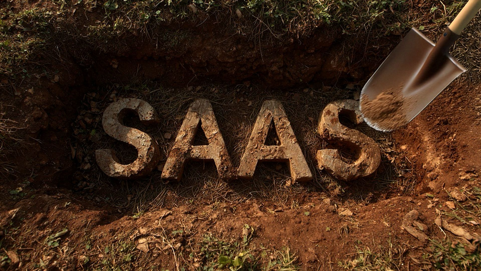 The letters SaaS at the bottom of a hole, with a shovel throwing dirt on top of it