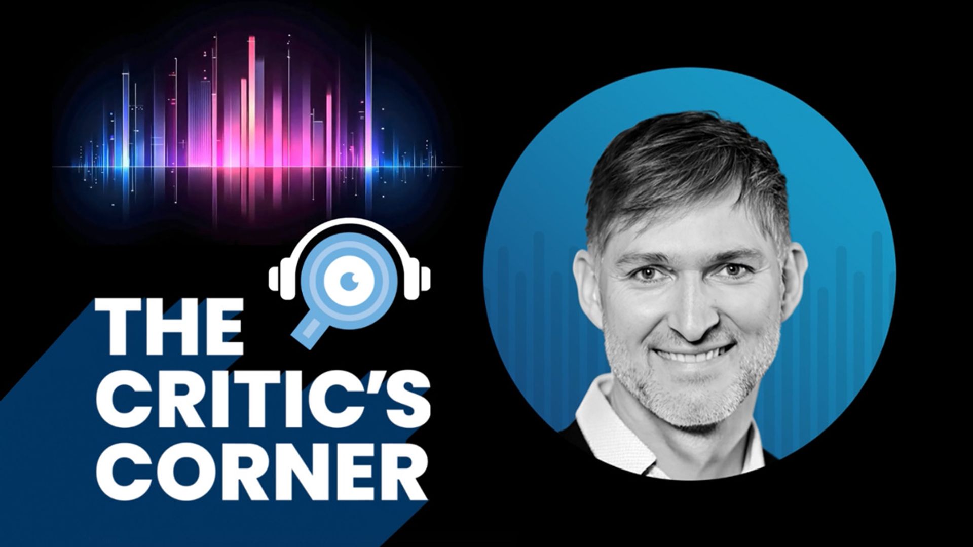 The Critic's Corner Podcast title text and icon with a headshot of Soren Stamer