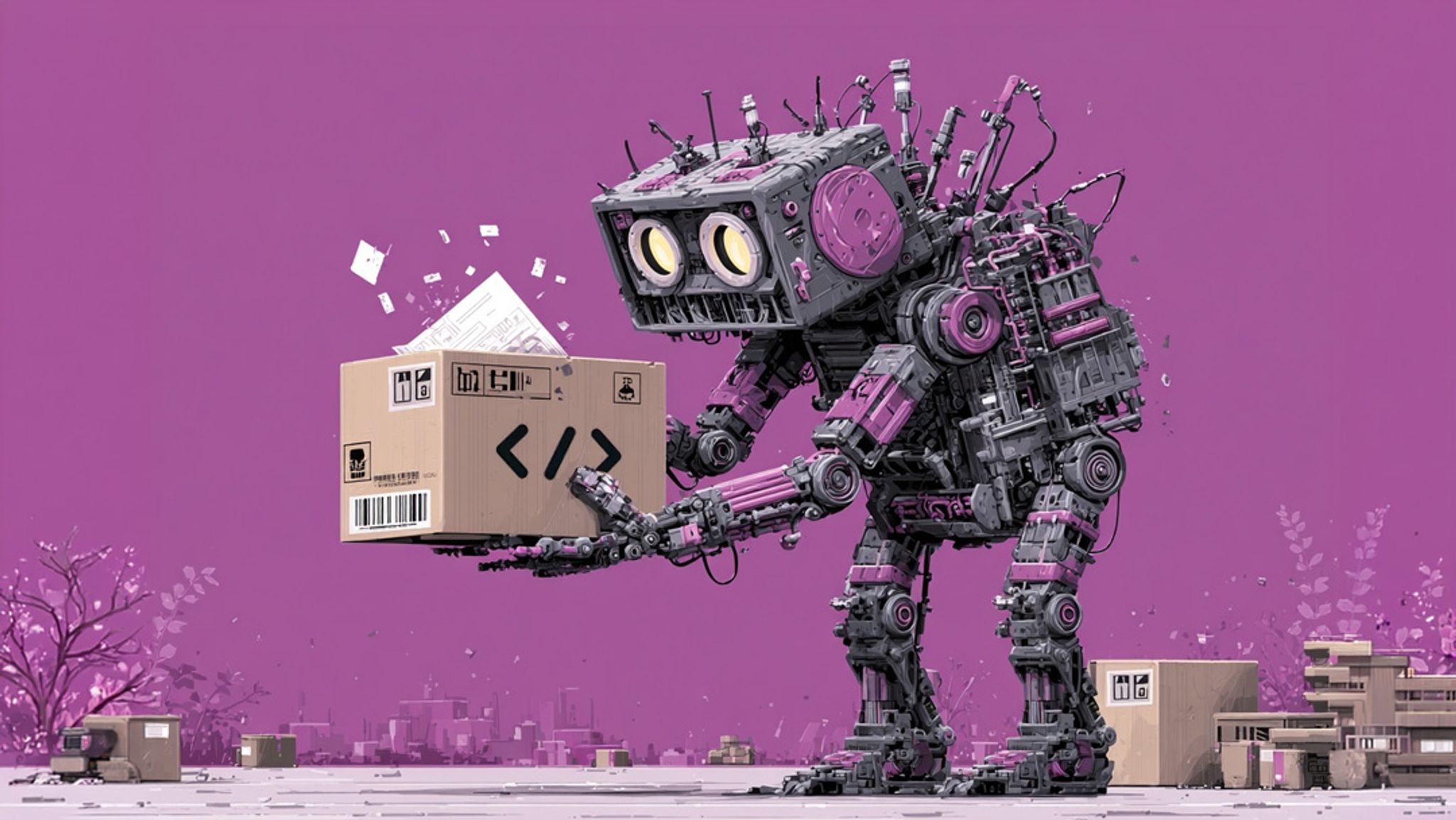 A robot holding a shipping box with papers flowing into it.