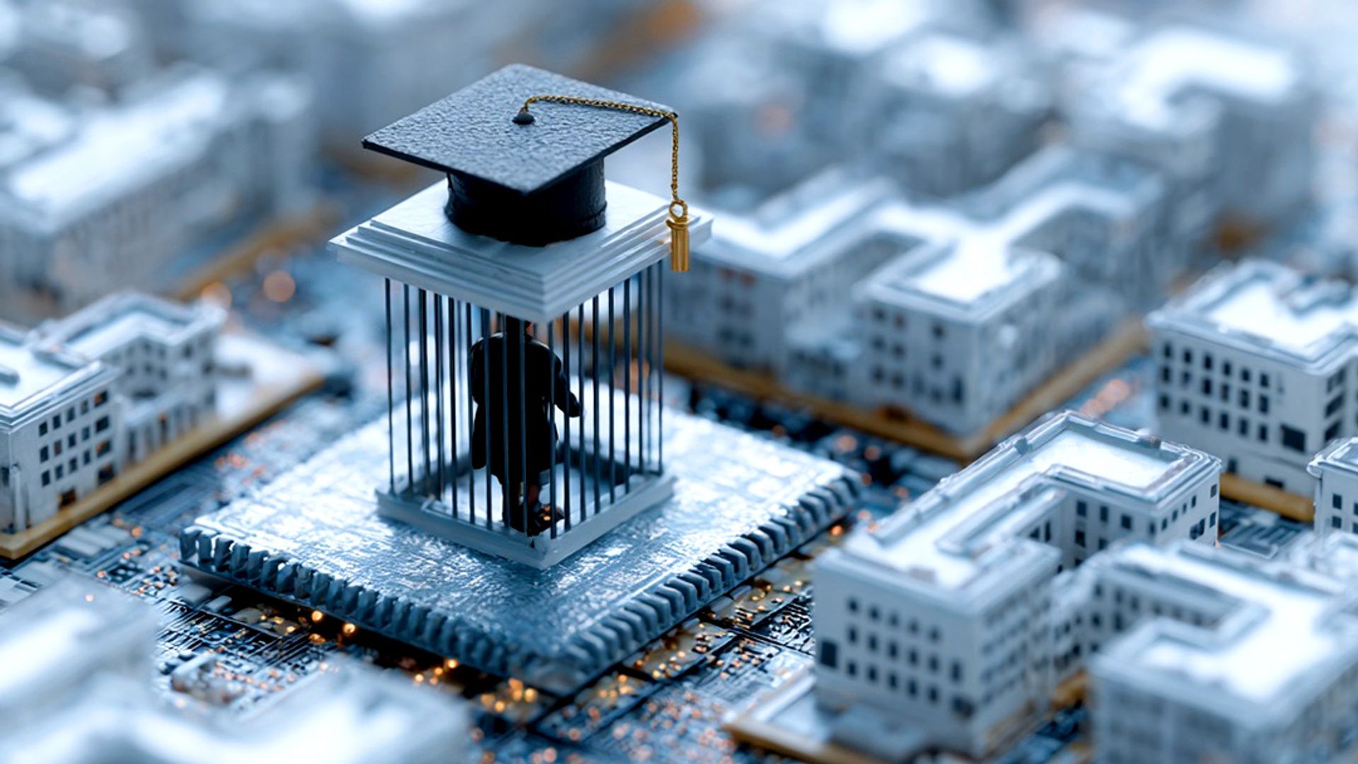 A small man in a cage with a graduation cap on top of it, sitting on top of a circuit board with small buildings on it.