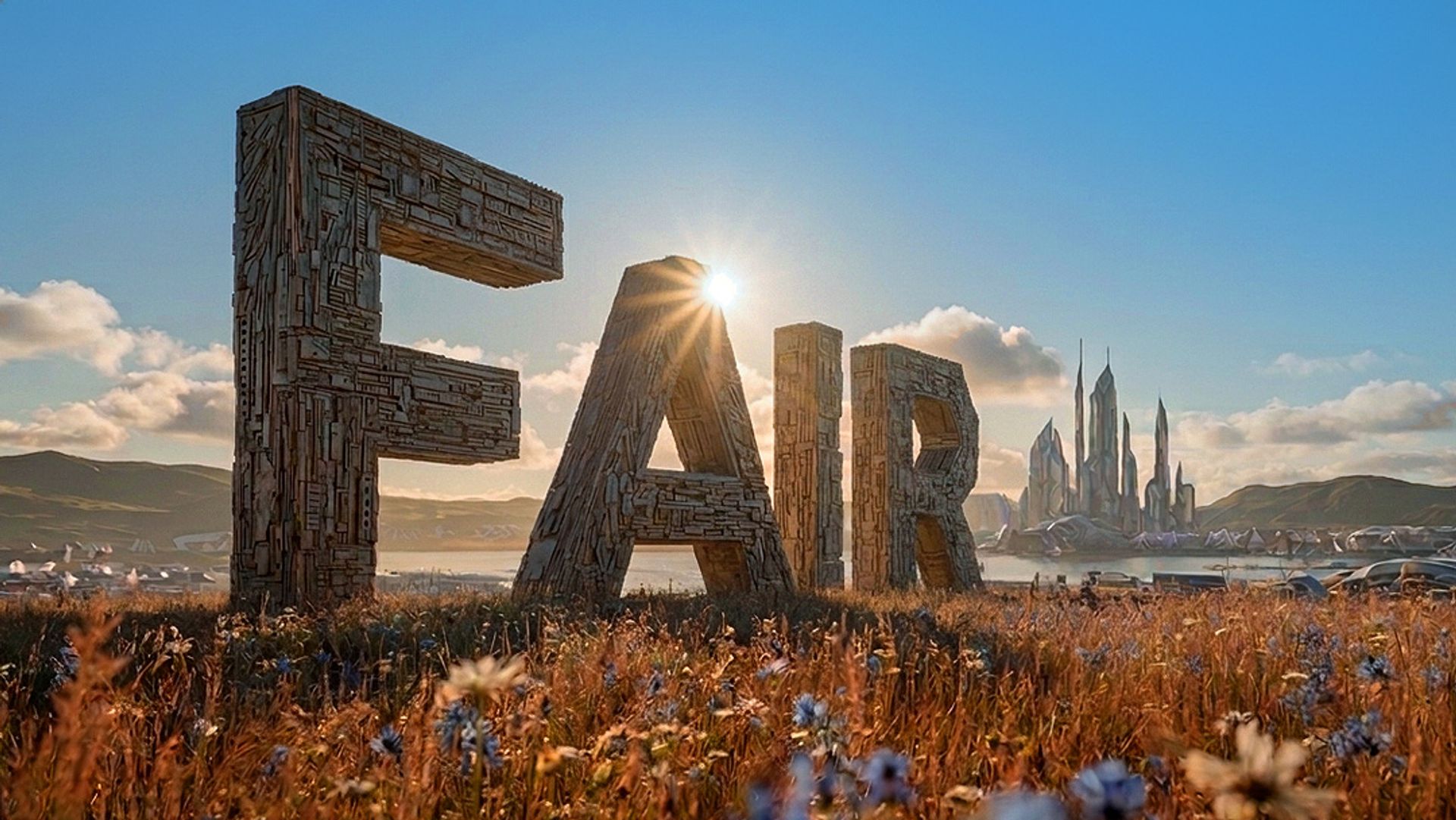 The letters "FAIR" as tall technological statues in a meadow under a blue sky with the sun shining. In the distance, a skyline of a futuristic city.