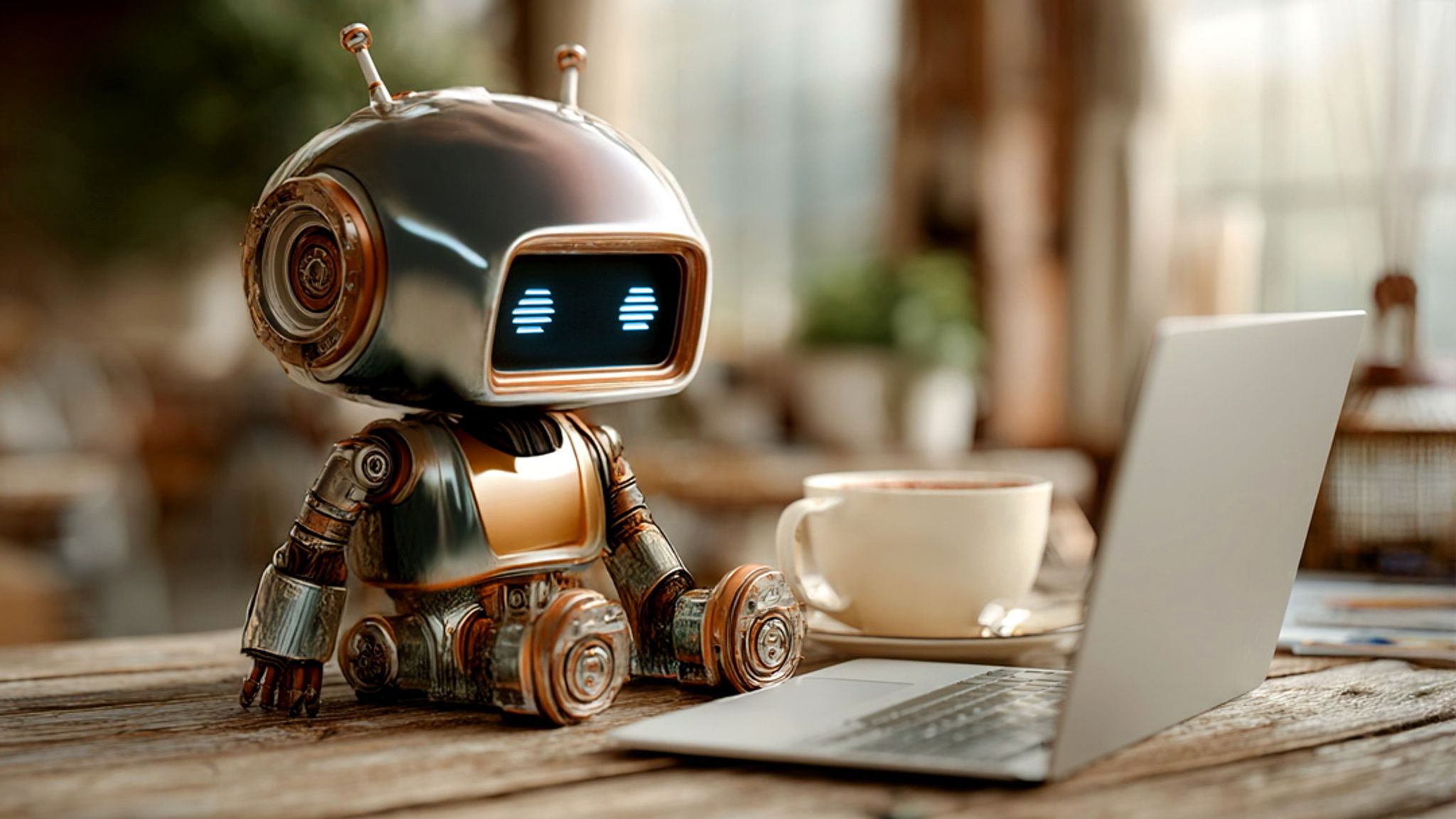 A small robot looking at a laptop computer next to a cup of coffee