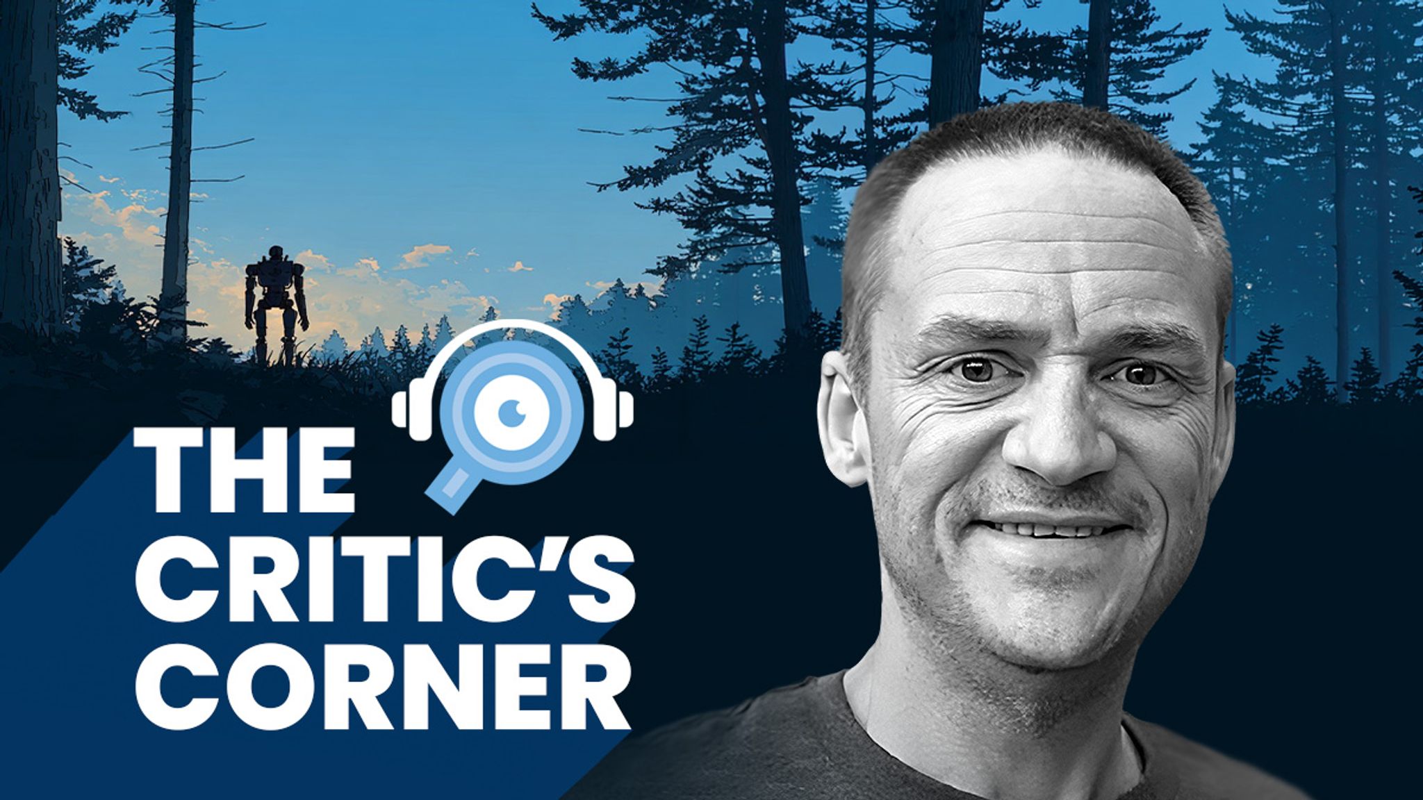 Andy Cohen headshot and The Critic's Corner podcast logo with a forest in the background and an image of a robot on the horizon