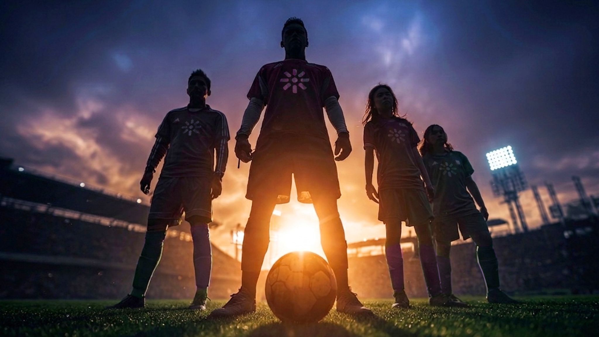 Four soccer players on a field.
