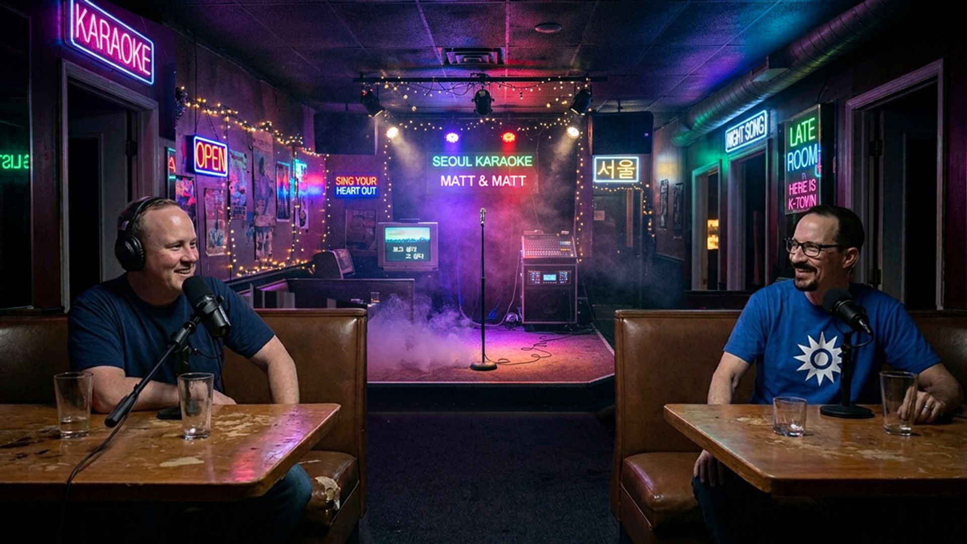 Two men sitting in a karaoke bar 