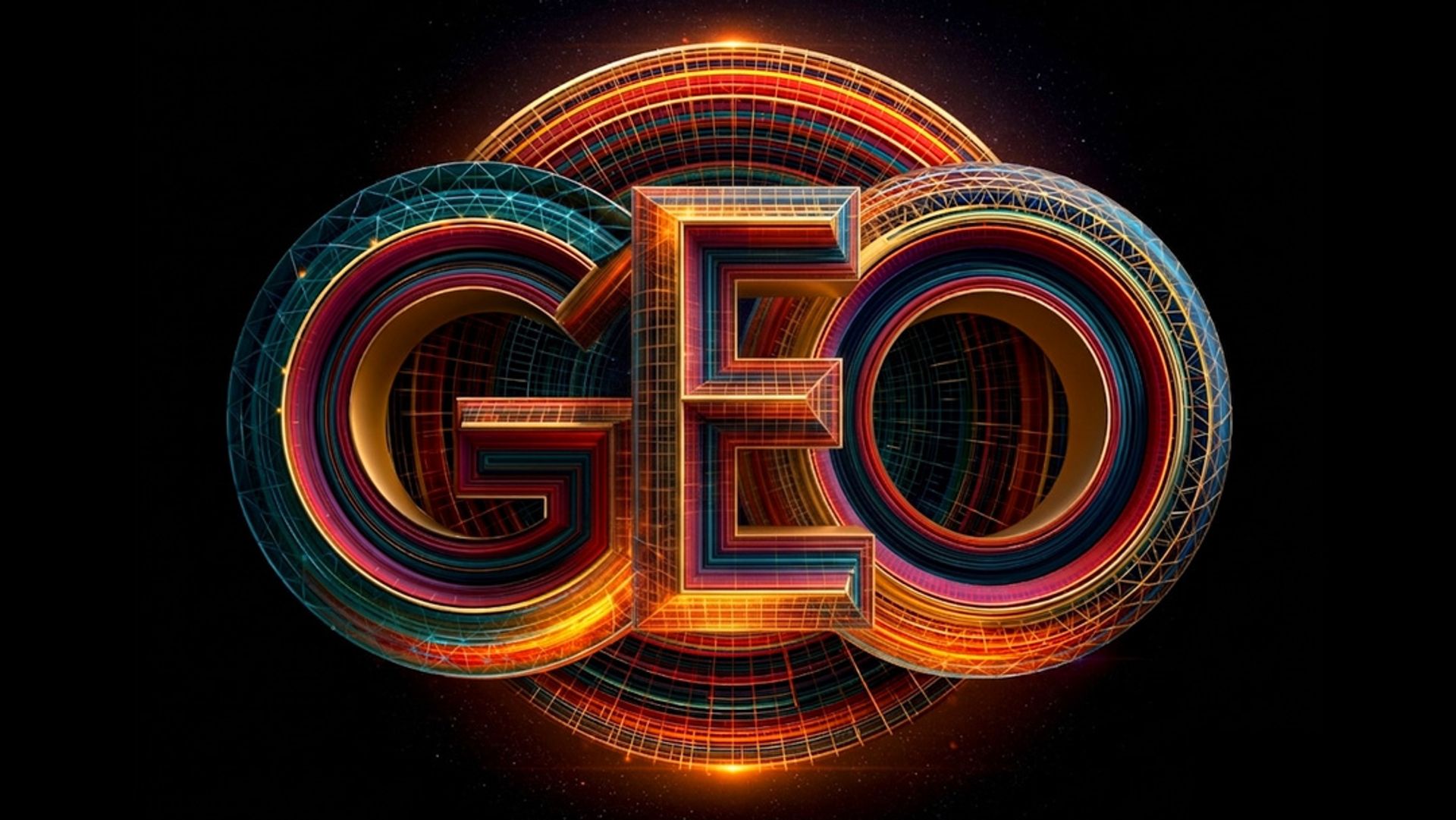 The letters "GEO" on a circuit board background. 