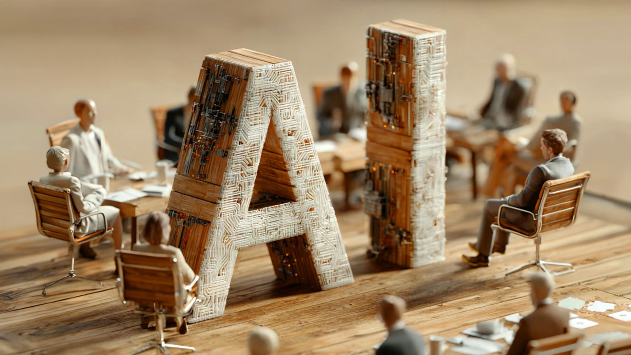 The letters "AI" in the center of a boardroom meeting