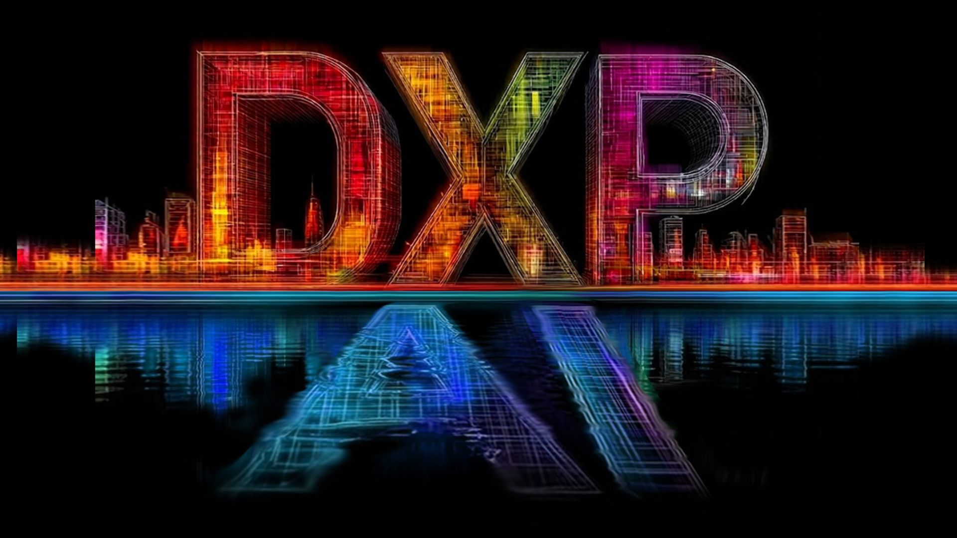 The letters DXP and AI in the reflection in a digital lake.