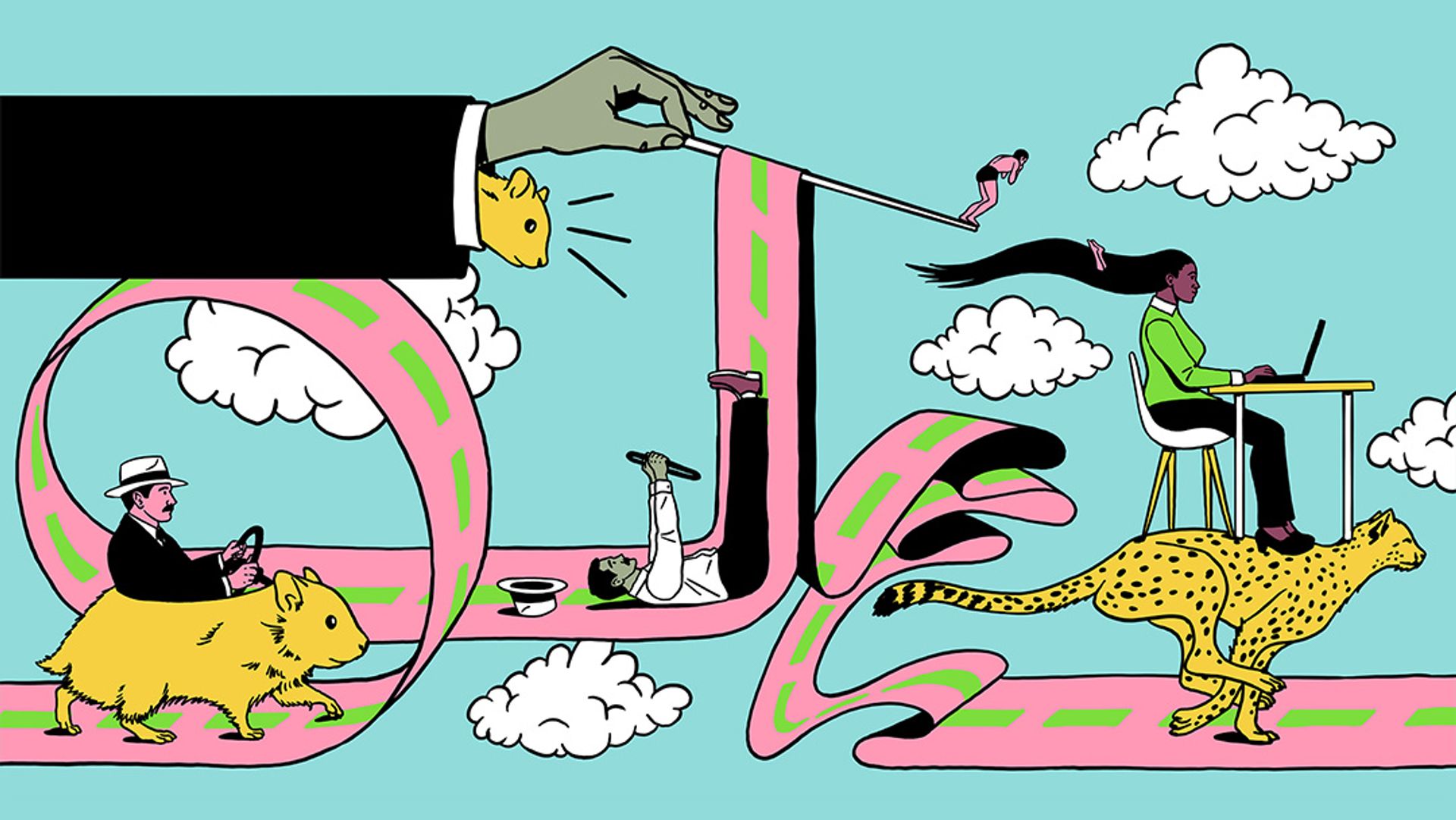 An illustration of a strange world where a man is driving a hamster, a woman is working on a laptop on top of a cheetah, and a large hand is holding up a highway like its a drooping ribbon.