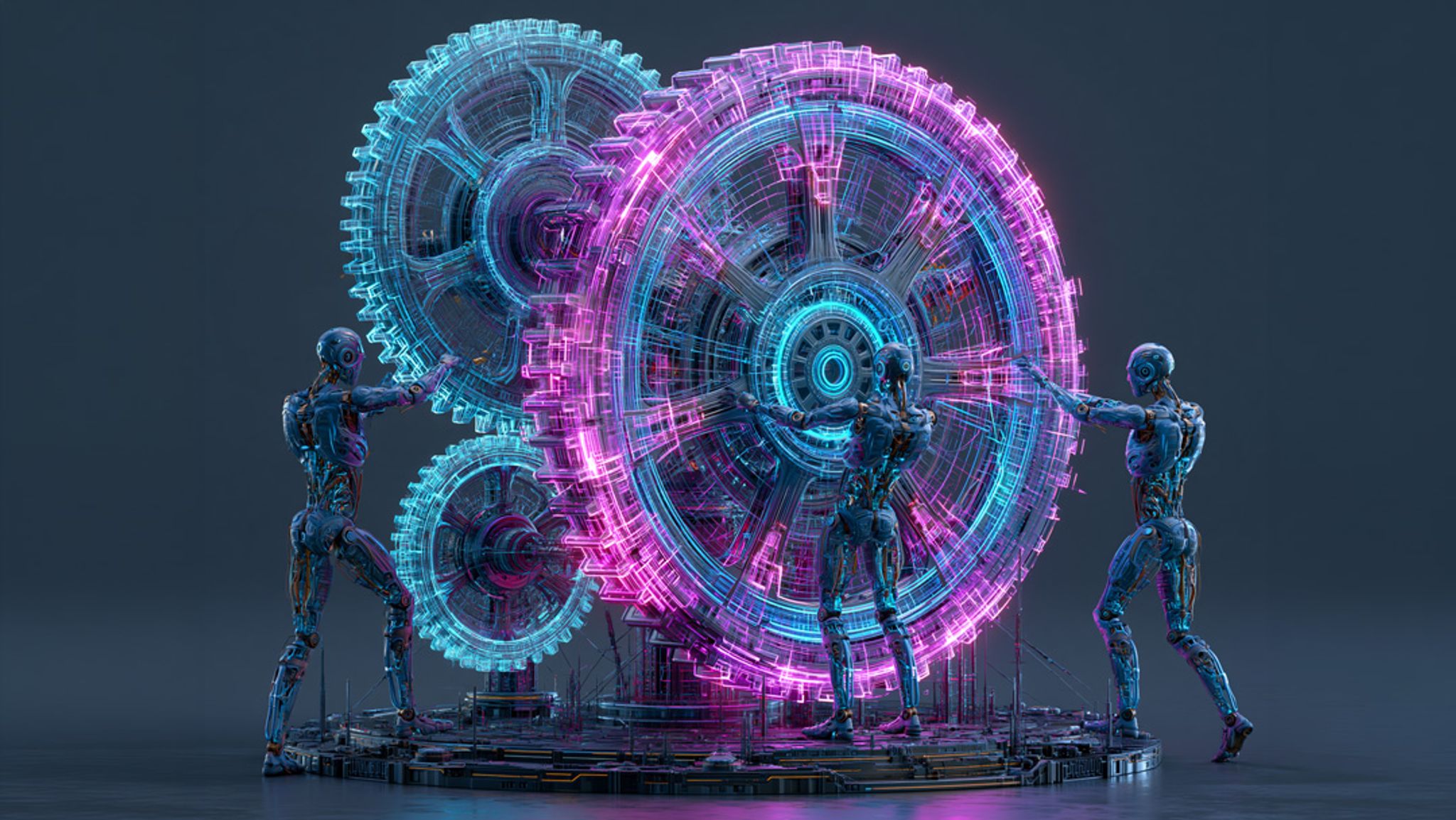 Robots working with a set of giant gears