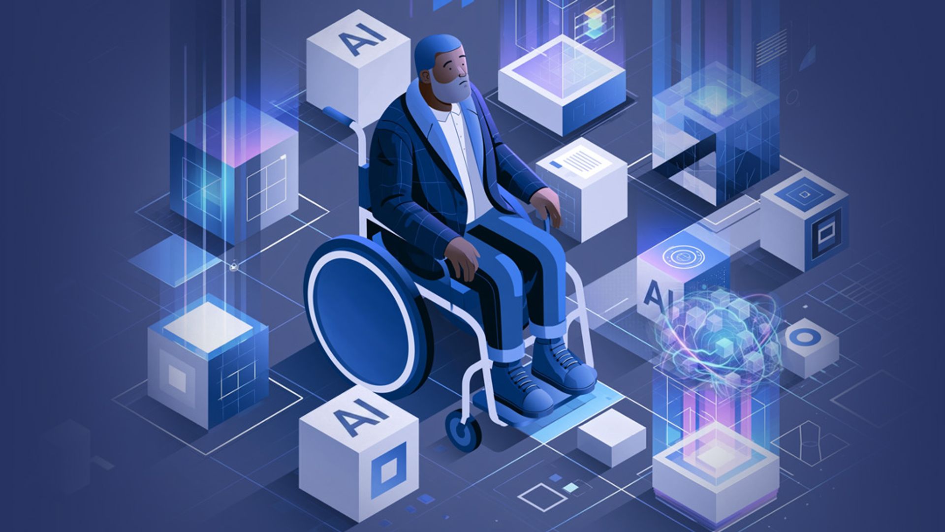 An illustration of a man in a wheelchair surrounded by geometric technology shapes and elements with the text "AI" labeled on it.