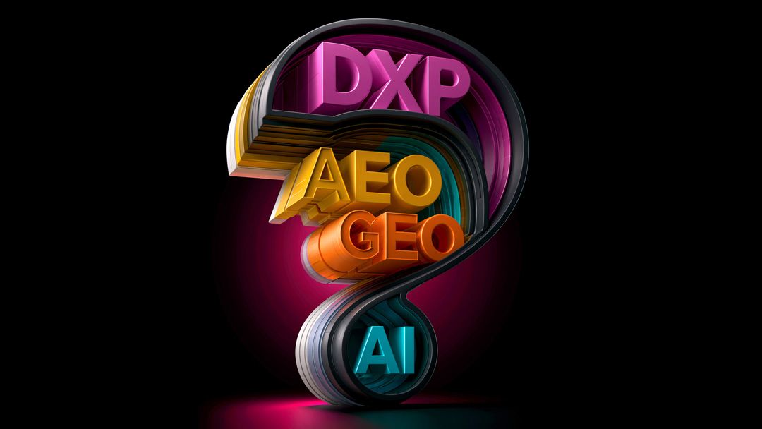 An illustration of a question mark with the acronyms "DXP" "AEO" "GEO" and "AI" inside of it
