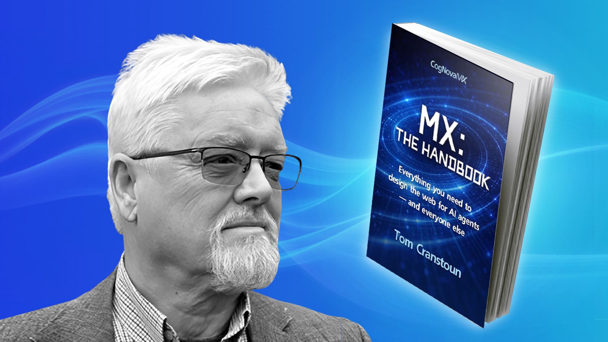 Tom Cranstoun headshot and MX: The Handbook image of a 3D book.