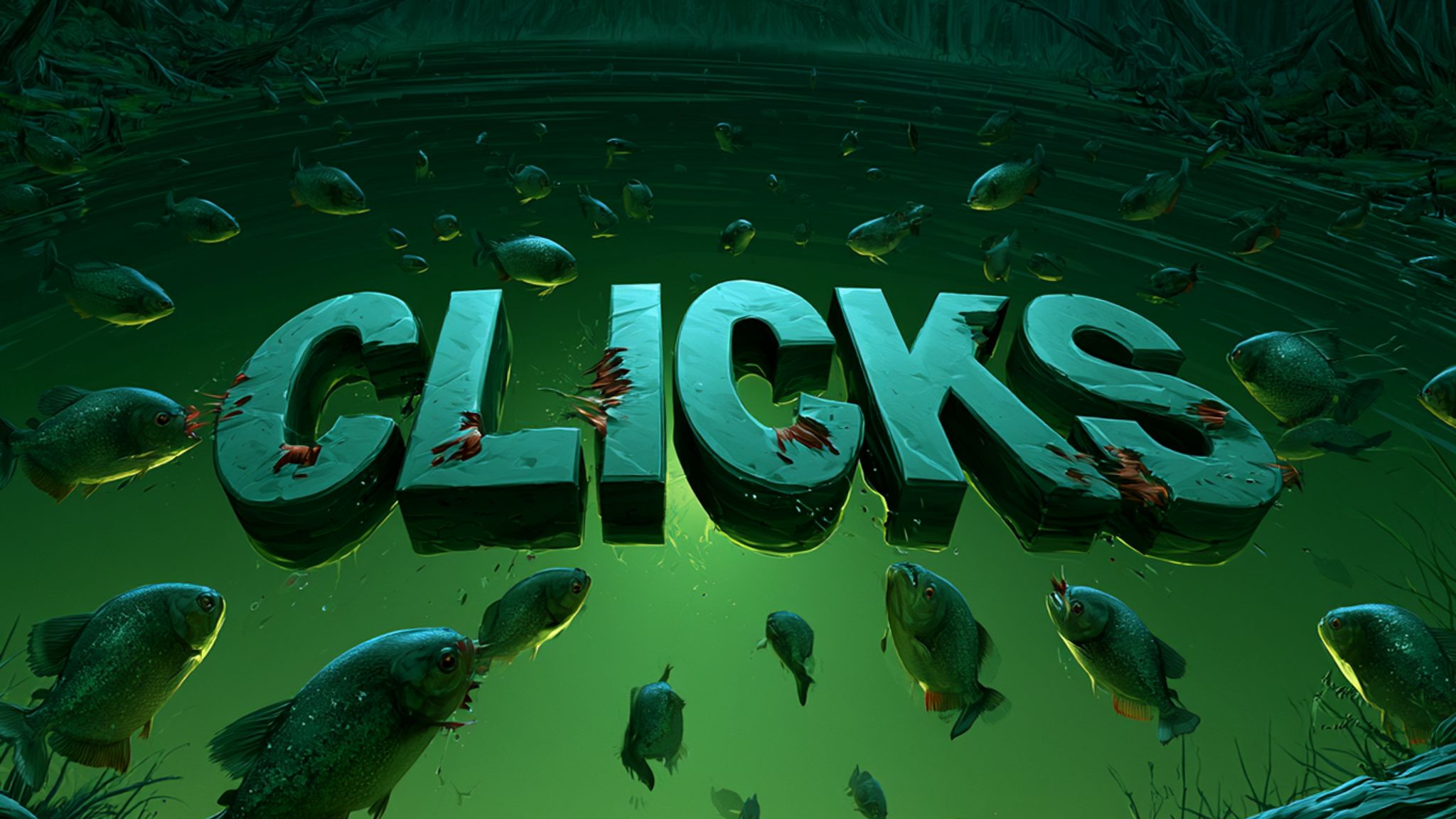 The word "CLICKS" floating in a lake with piranha attacking it