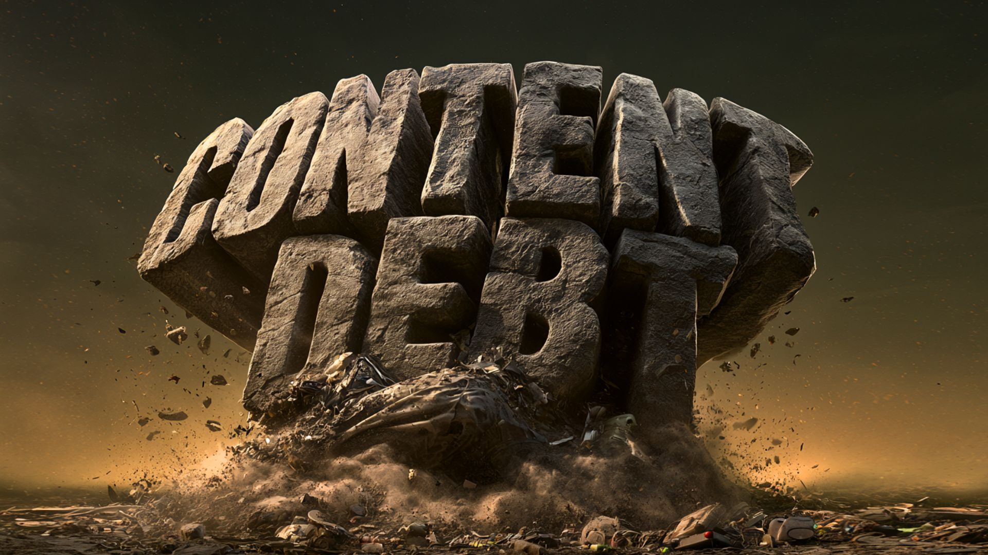 The words "Content Debt" in stone, crushing something below it